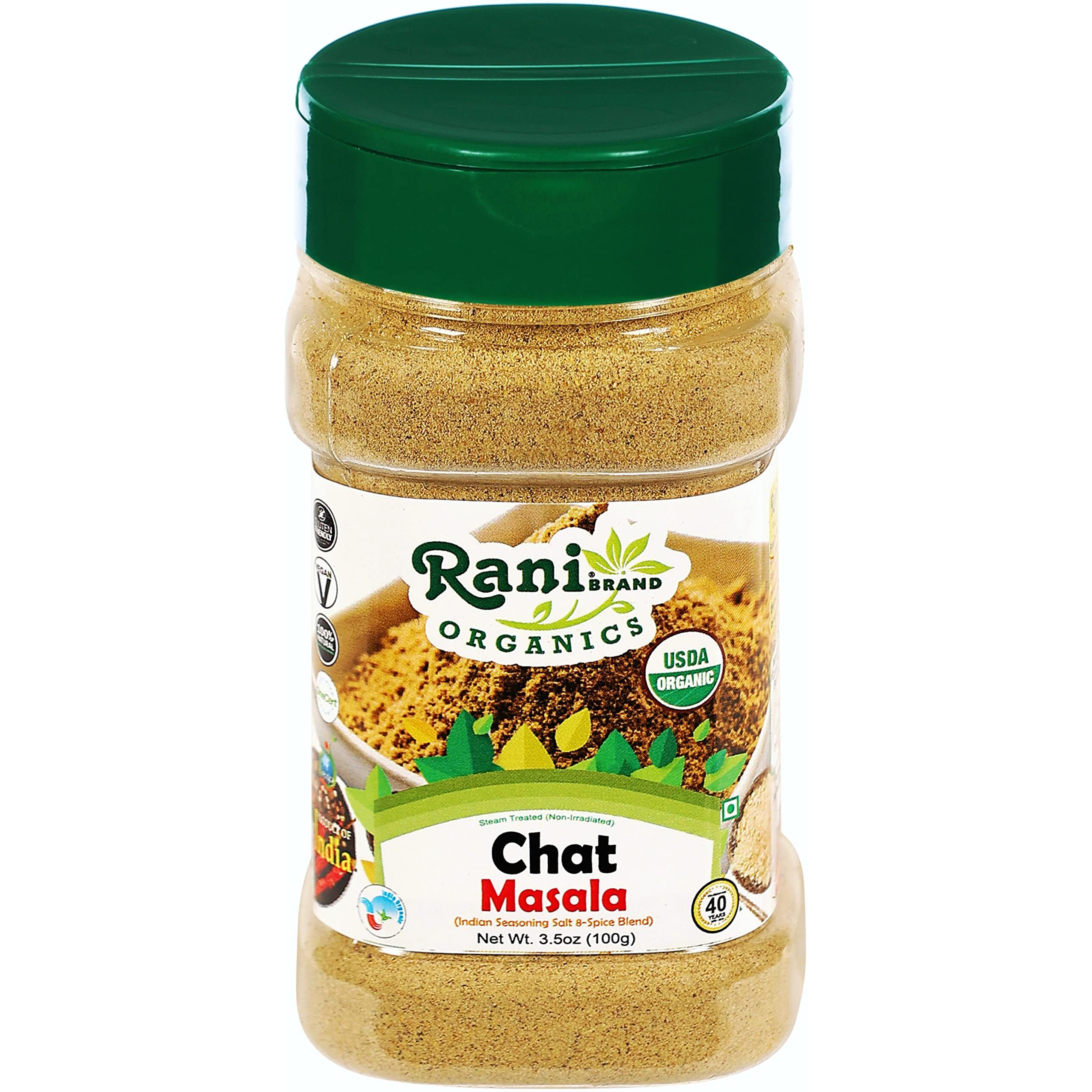 Rani Organic Chat Masala (8-Spice Seasoning Salt) Tangy Indian Seasoning 3.5oz (100g) PET Jar ~ All Natural, Vegan, Gluten Friendly, NON-GMO, Indian Origin, USDA Certified Organic