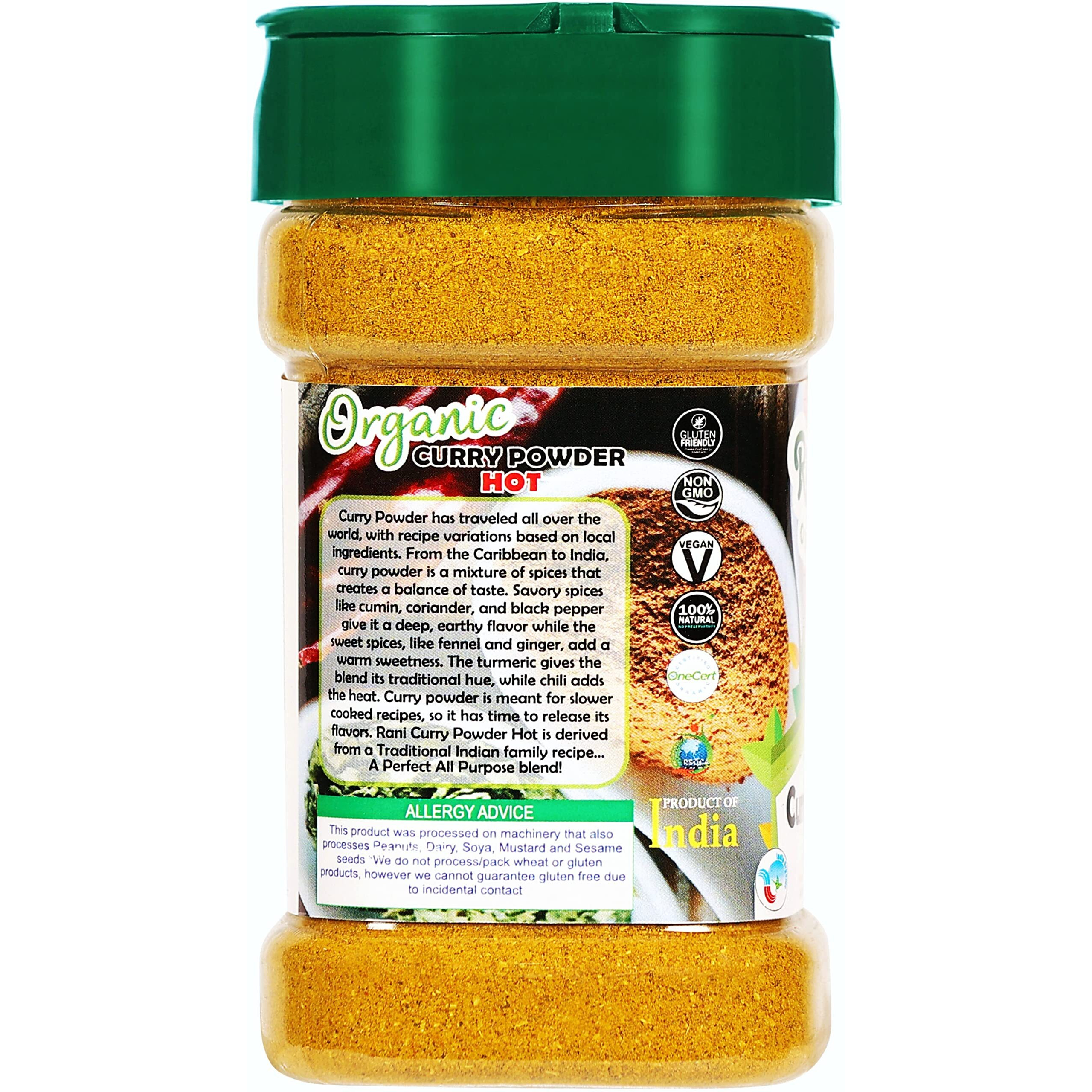 Rani Organic Curry Powder Hot (9-Spice Authentic Indian Blend) 3oz (85g) PET Jar ~ All Natural, Salt-Free, Vegan, Gluten Friendly, NON-GMO, Indian Origin, USDA Certified Organic