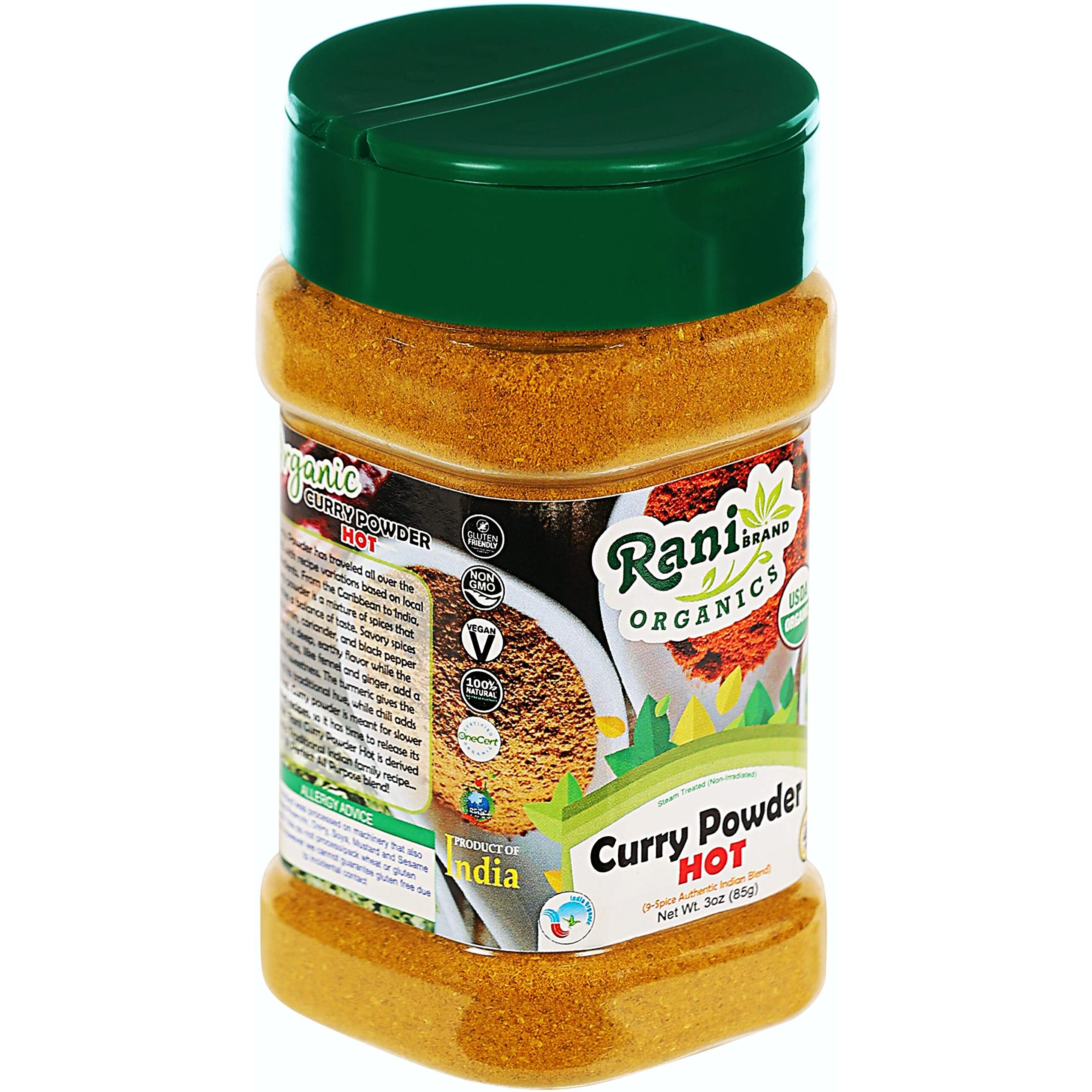 Rani Organic Curry Powder Hot (9-Spice Authentic Indian Blend) 3oz (85g) PET Jar ~ All Natural, Salt-Free, Vegan, Gluten Friendly, NON-GMO, Indian Origin, USDA Certified Organic