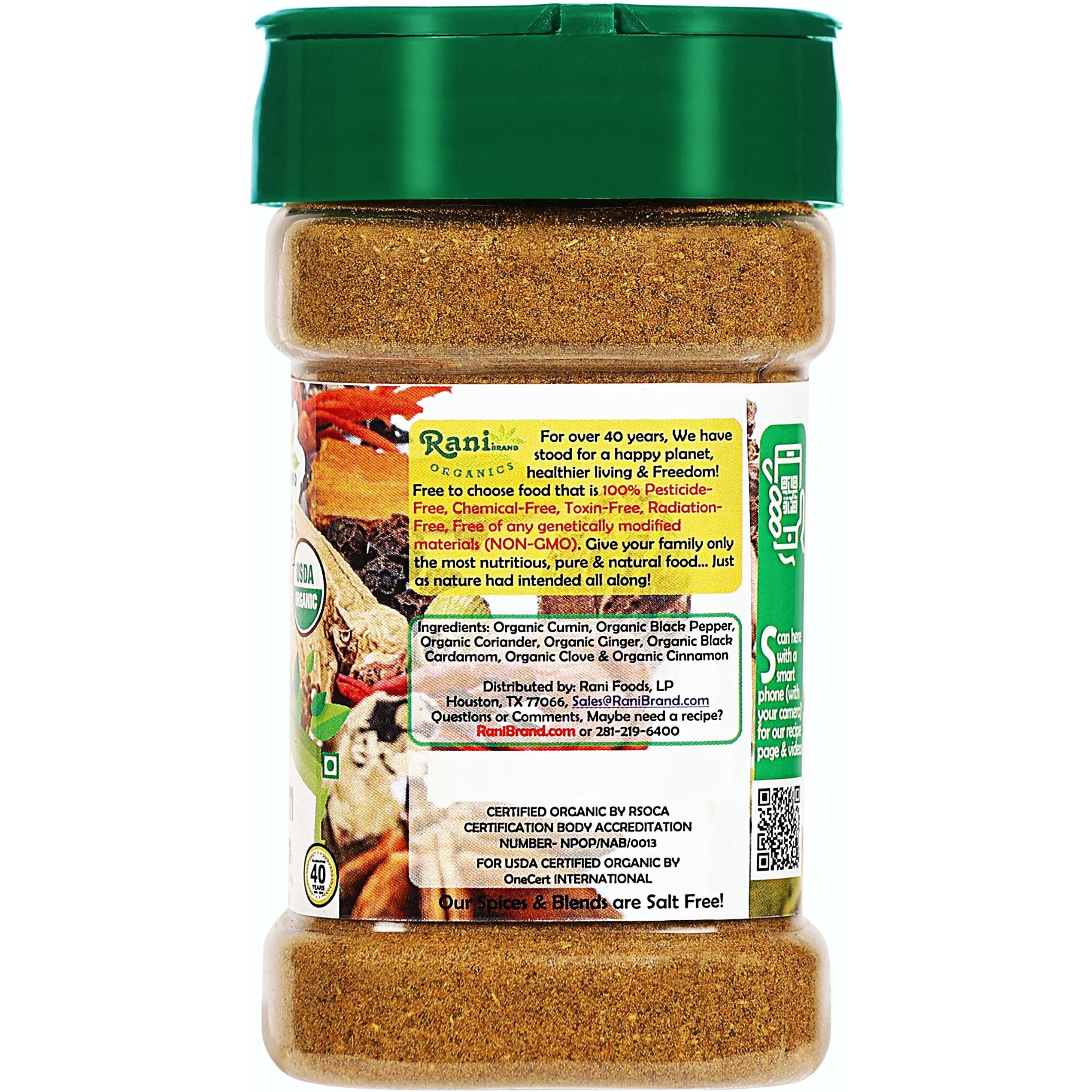 Rani Organic Garam Masala (7-Spice North Indian Spices Blend) 3oz (85g) PET Jar ~ All Natural, Salt-Free, Vegan, Gluten Friendly, NON-GMO, Indian Origin, USDA Certified Organic