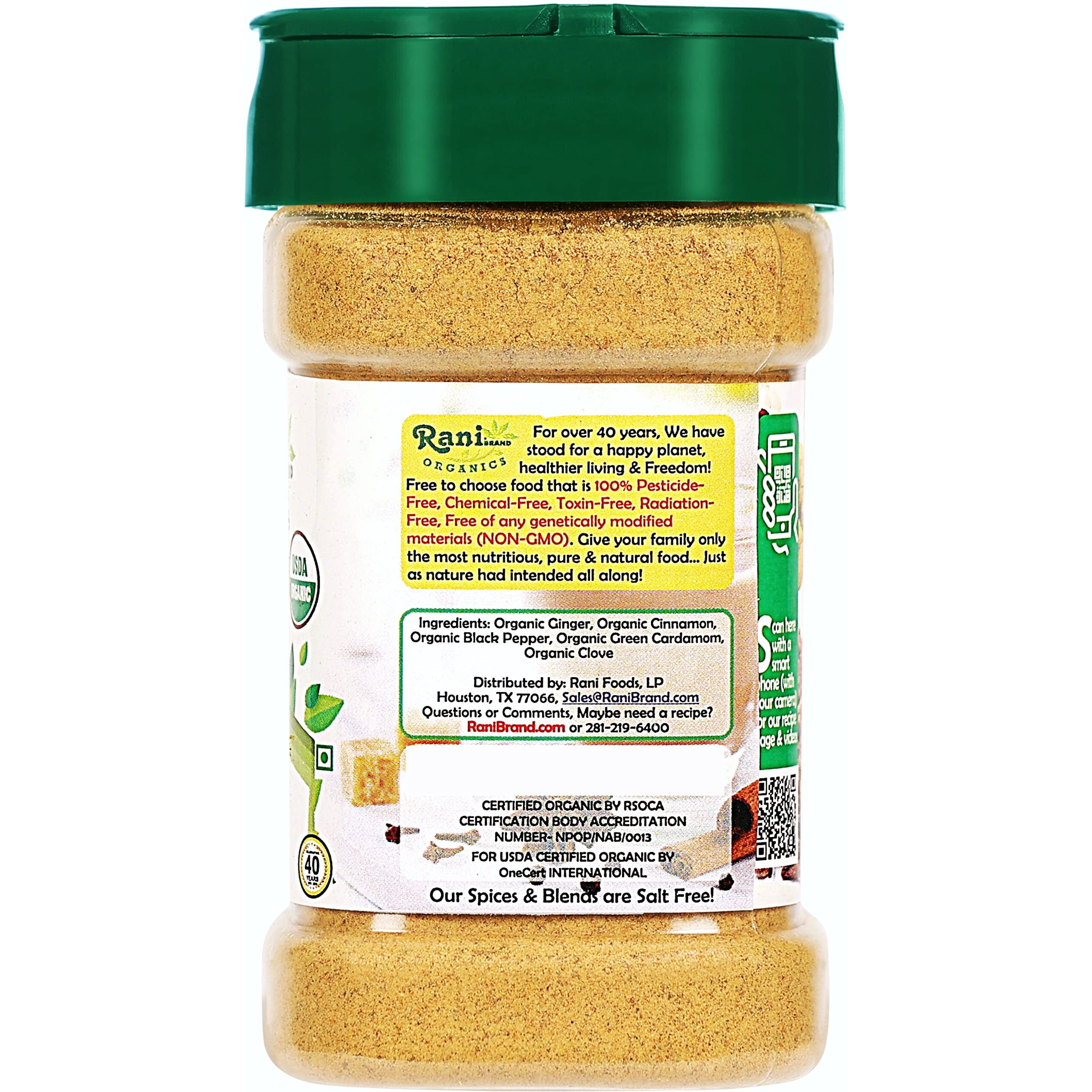 Rani Organic Tea (Chai) Masala Indian Spice Blend 3oz (85g) PET Jar ~ All Natural, Vegan, Gluten Friendly, NON-GMO, Indian Origin, USDA Certified Organic