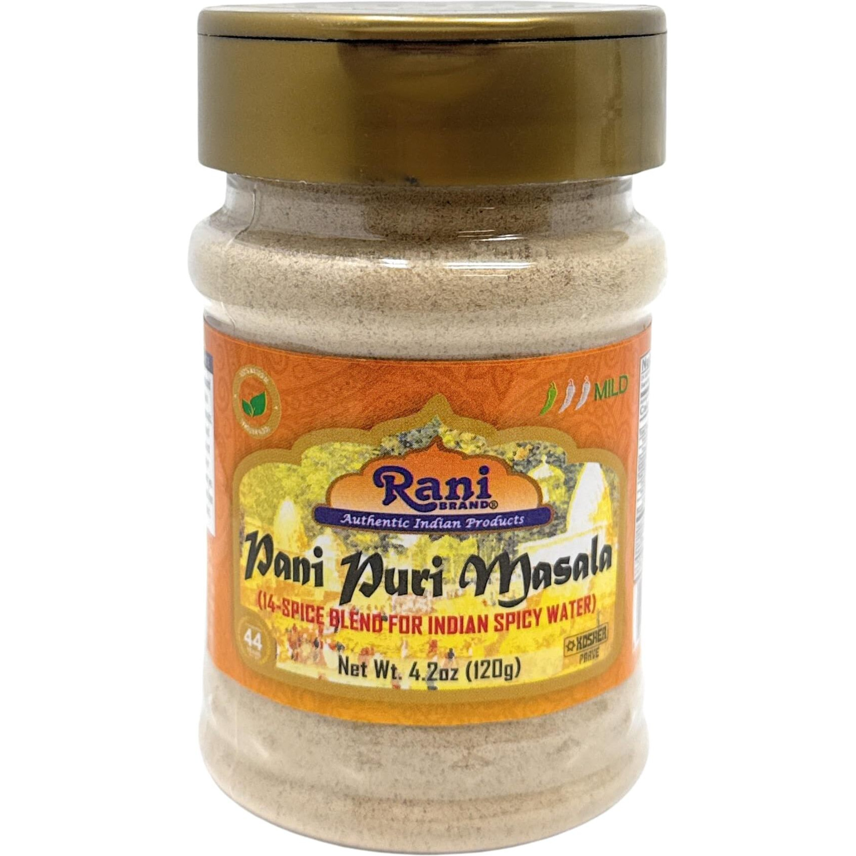 Rani Pani Puri Masala (14-Spice Blend for Indian Spicy Water) 4.2oz (120g) PET Jar ~ All Natural, Vegan, No Colors, Gluten Friendly, NON-GMO, Kosher, Indian Origin, gol gappa