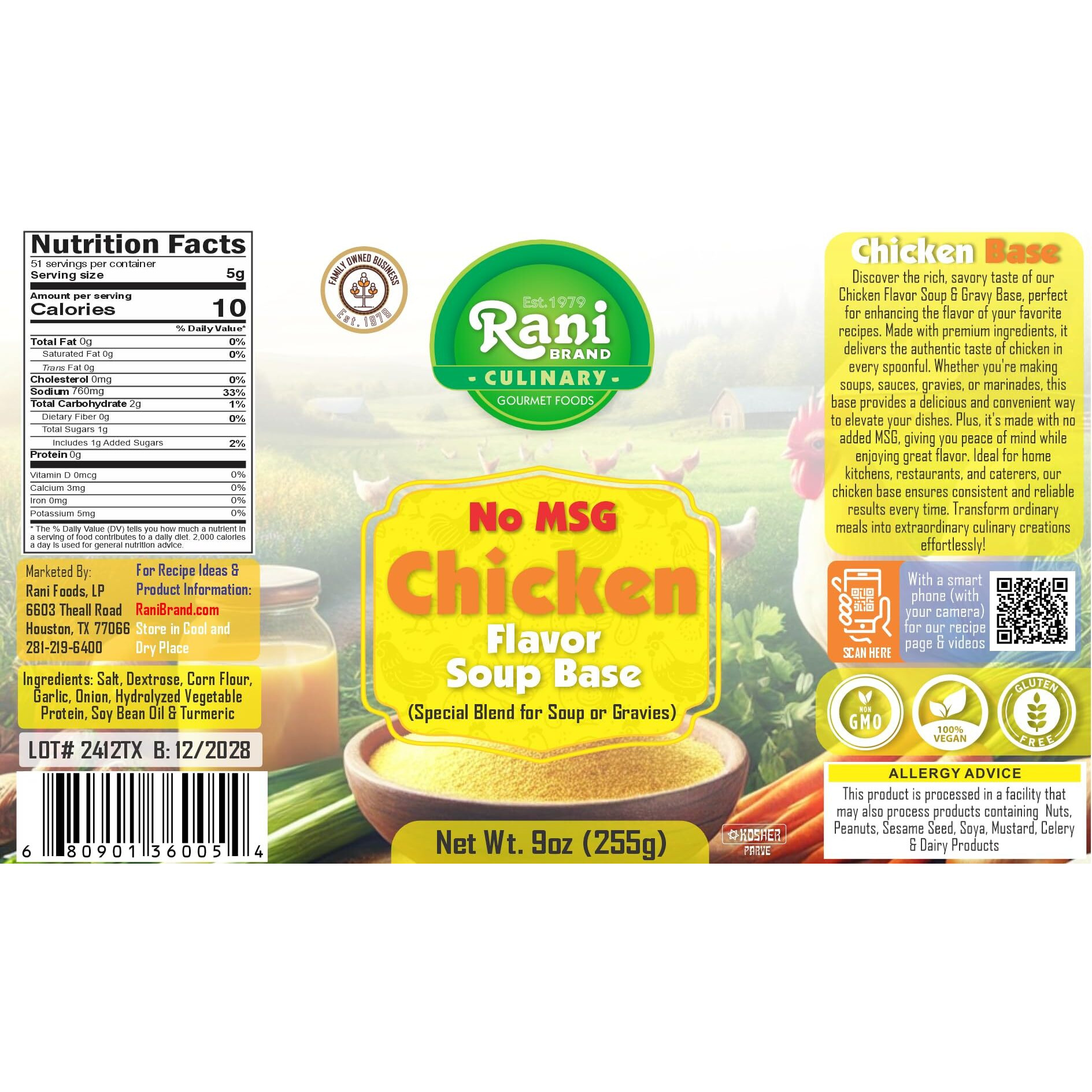 Rani Premium Chicken Base (Special Blend for Soup or Gravies) 9oz (255g) PET Jar ~ All Natural, Gluten Friendly, NON-GMO, Kosher, Vegan, Indian Origin
