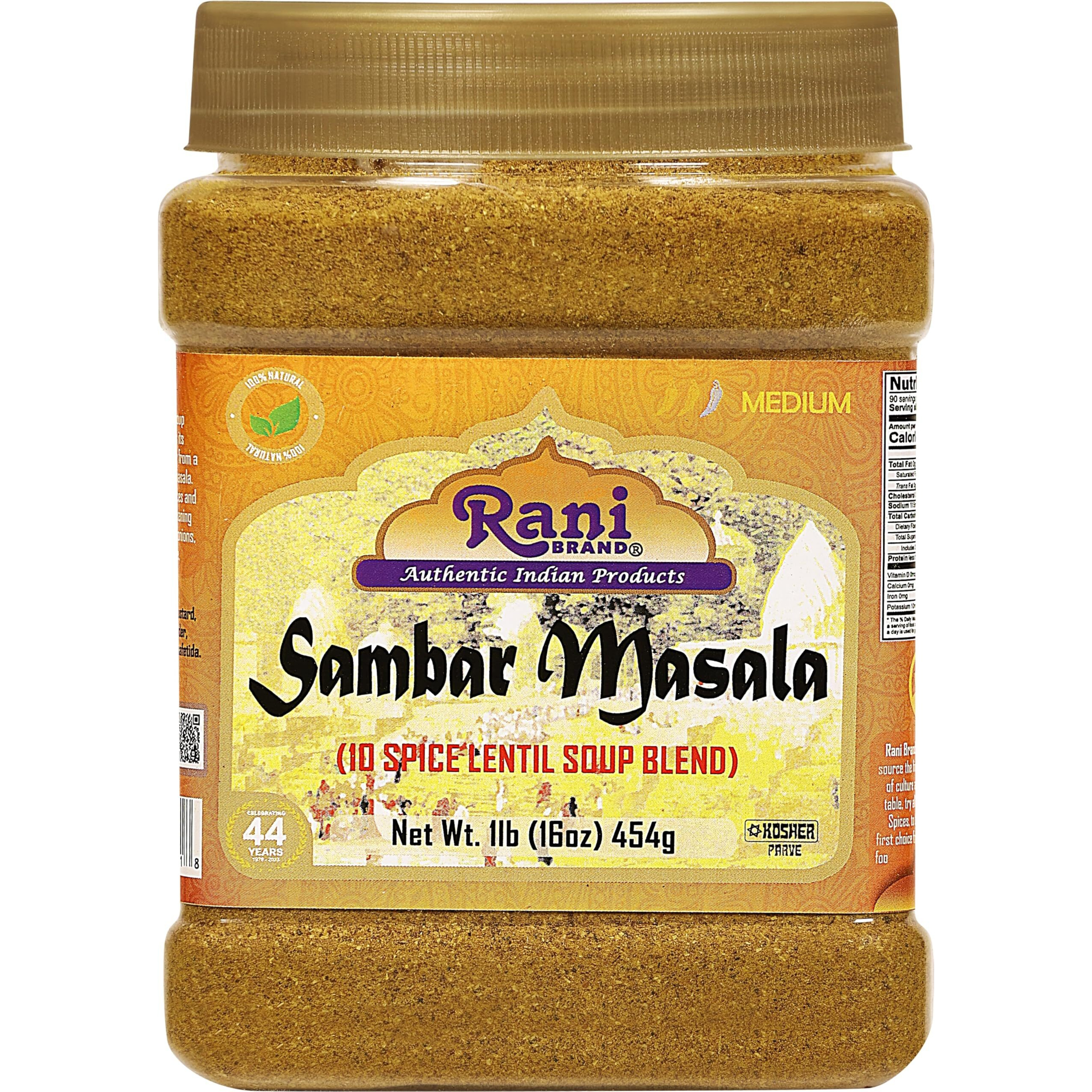 Rani Sambar Masala (Lentil Soup Spice Blend) 16oz (1lb) 454g PET Jar ~ All Natural, Vegan, No Colors, Gluten Friendly, NON-GMO, Kosher, Indian Origin
