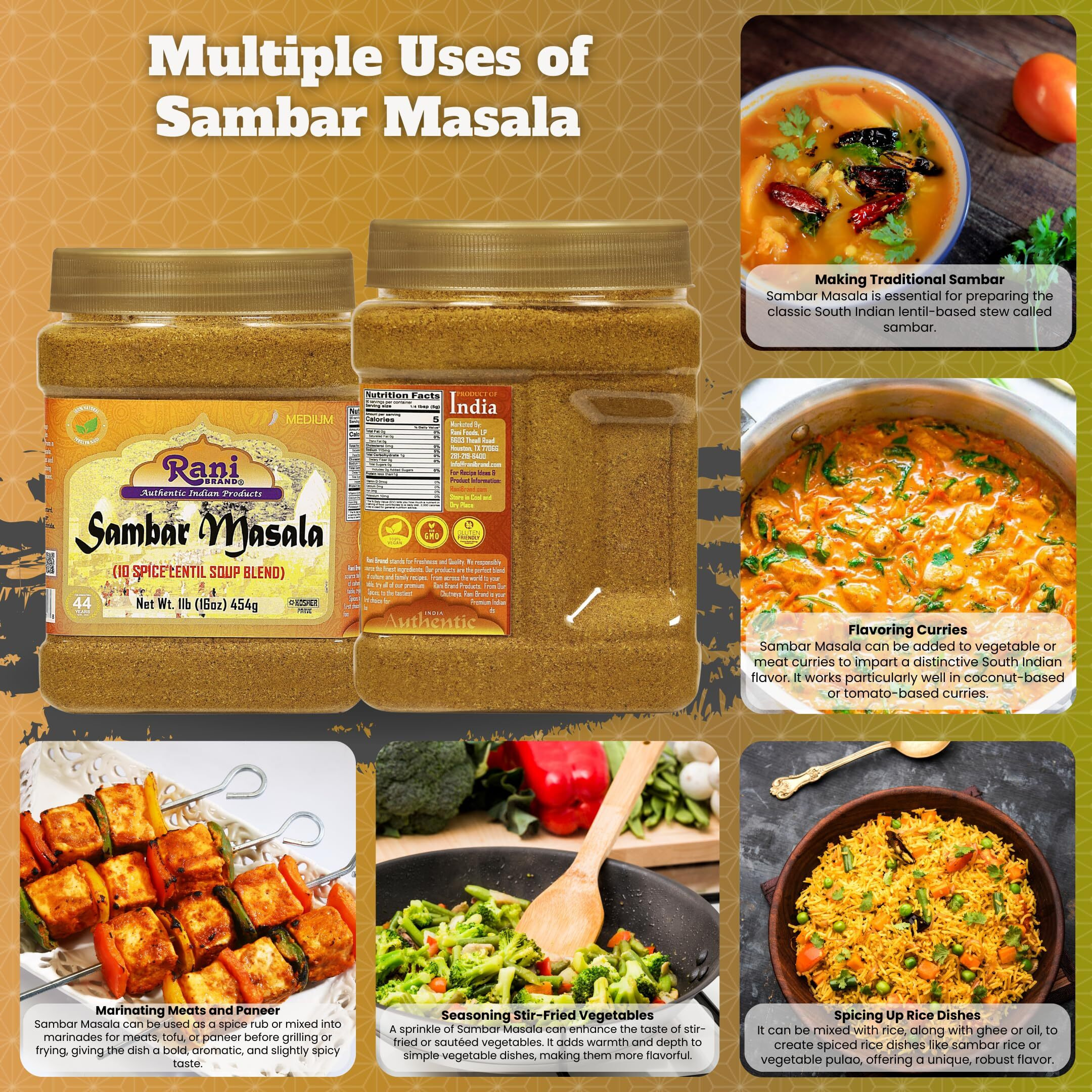 Rani Sambar Masala (Lentil Soup Spice Blend) 16oz (1lb) 454g PET Jar ~ All Natural, Vegan, No Colors, Gluten Friendly, NON-GMO, Kosher, Indian Origin