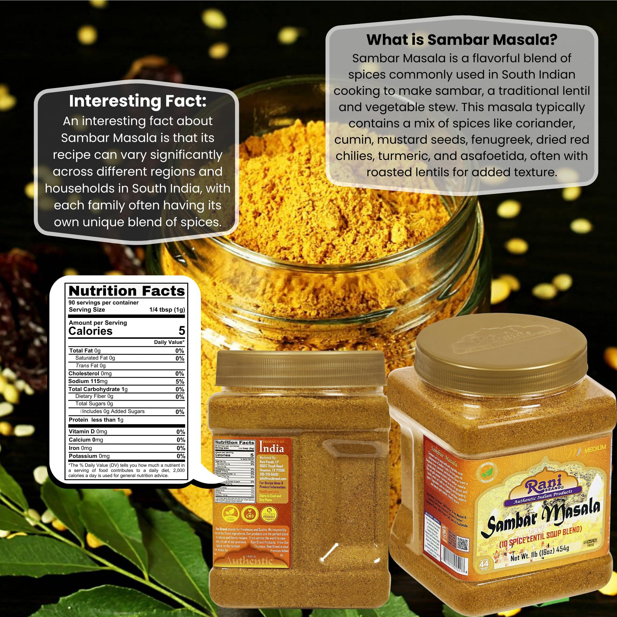 Rani Sambar Masala (Lentil Soup Spice Blend) 16oz (1lb) 454g PET Jar ~ All Natural, Vegan, No Colors, Gluten Friendly, NON-GMO, Kosher, Indian Origin