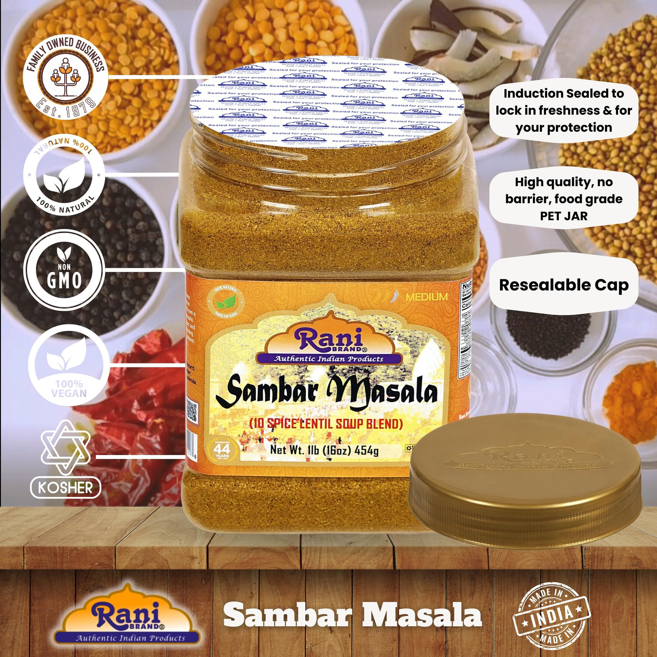 Rani Sambar Masala (Lentil Soup Spice Blend) 16oz (1lb) 454g PET Jar ~ All Natural, Vegan, No Colors, Gluten Friendly, NON-GMO, Kosher, Indian Origin
