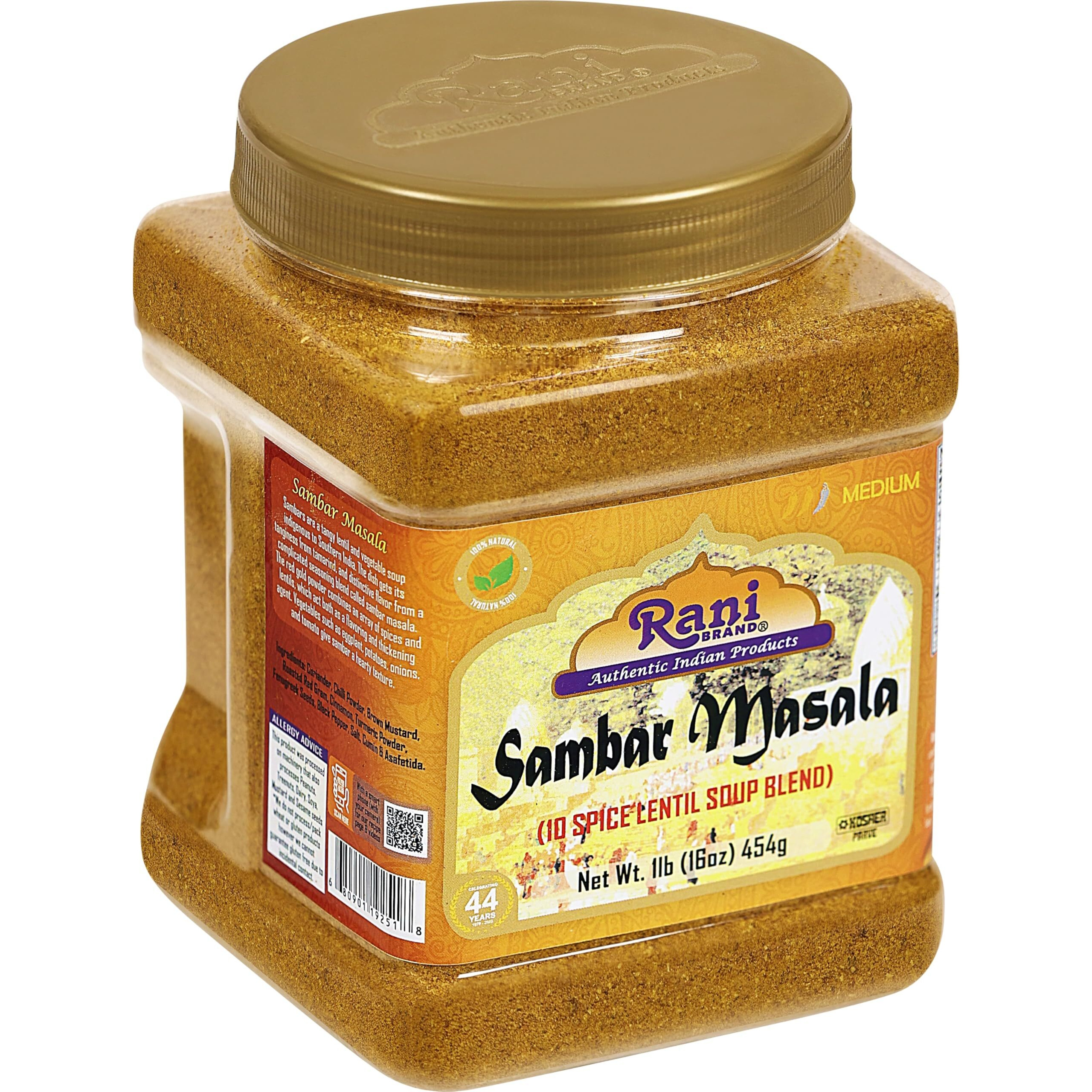Rani Sambar Masala (Lentil Soup Spice Blend) 16oz (1lb) 454g PET Jar ~ All Natural, Vegan, No Colors, Gluten Friendly, NON-GMO, Kosher, Indian Origin