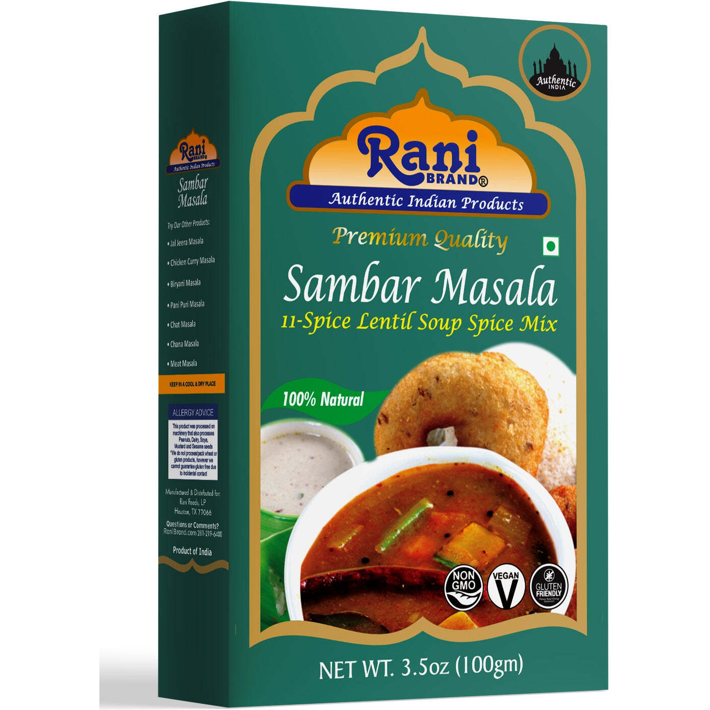 Rani Sambar Masala (Lentil Soup Spice Blend) 3.5oz (100g) ~ All Natural, Vegan, No Colors, Gluten Friendly, NON-GMO, Indian Origin