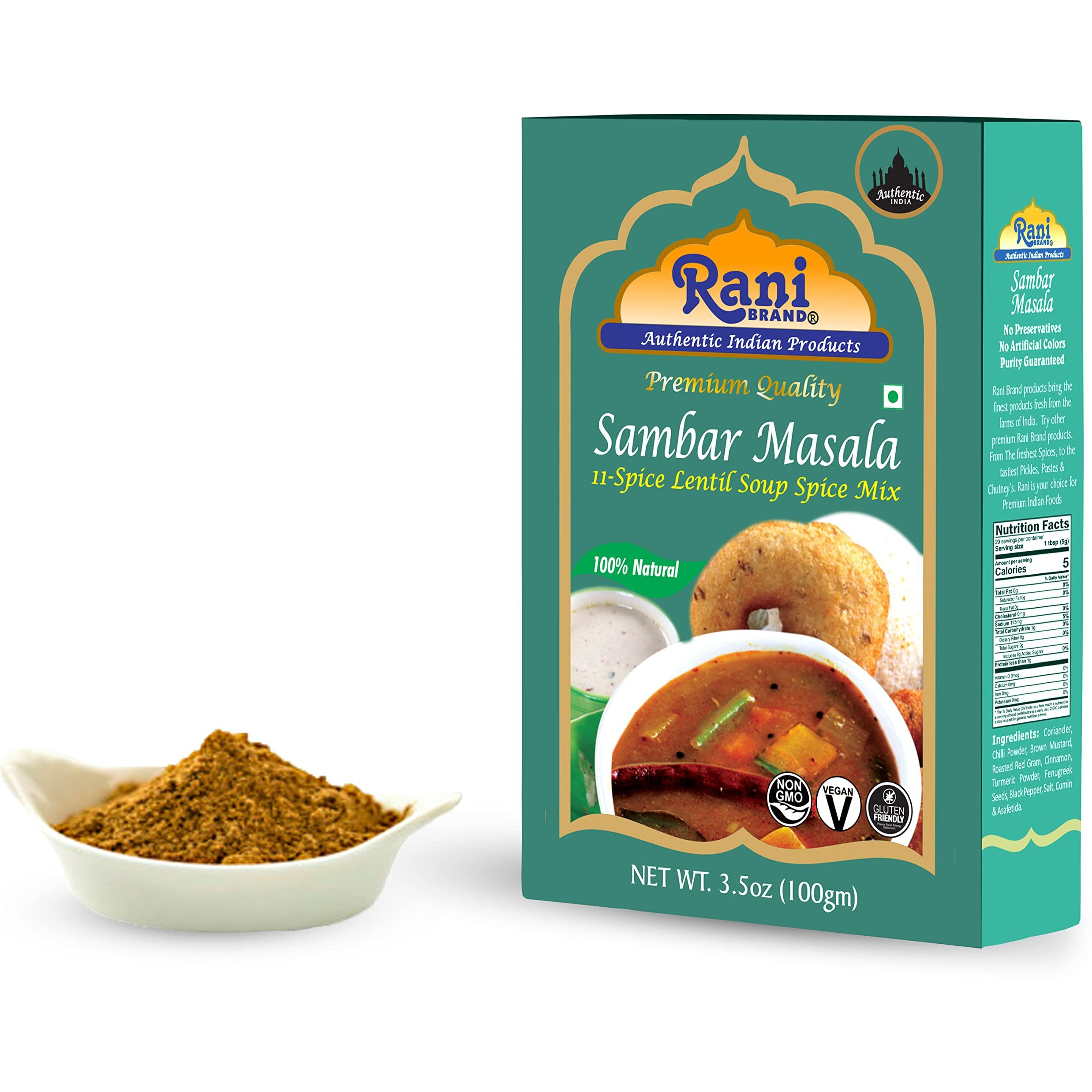 Rani Sambar Masala (Lentil Soup Spice Blend) 3.5oz (100g) ~ All Natural, Vegan, No Colors, Gluten Friendly, NON-GMO, Indian Origin