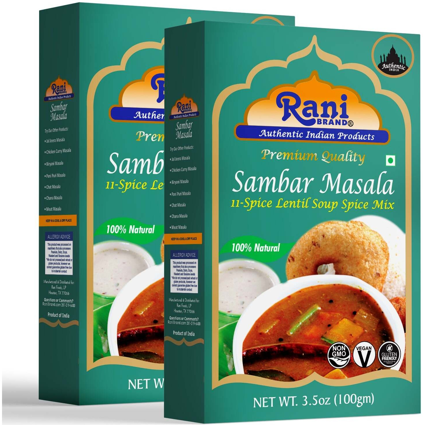 Rani Sambar Masala (Lentil Soup Spice Blend) 3.5oz (100g) ~ All Natural, Vegan, No Colors, Gluten Friendly, NON-GMO, Indian Origin