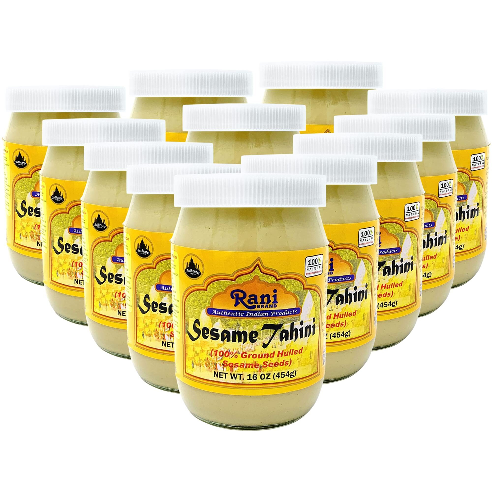 Rani Sesame Tahini (Sesame Butter) 16oz (1lb) 454g, Pack of 12, Glass Jar, Vegan, No added sugar, No Sodium ~ Gluten Free, NON-GMO, No Colors, USA Made (Size 16oz (1lb) 454g)