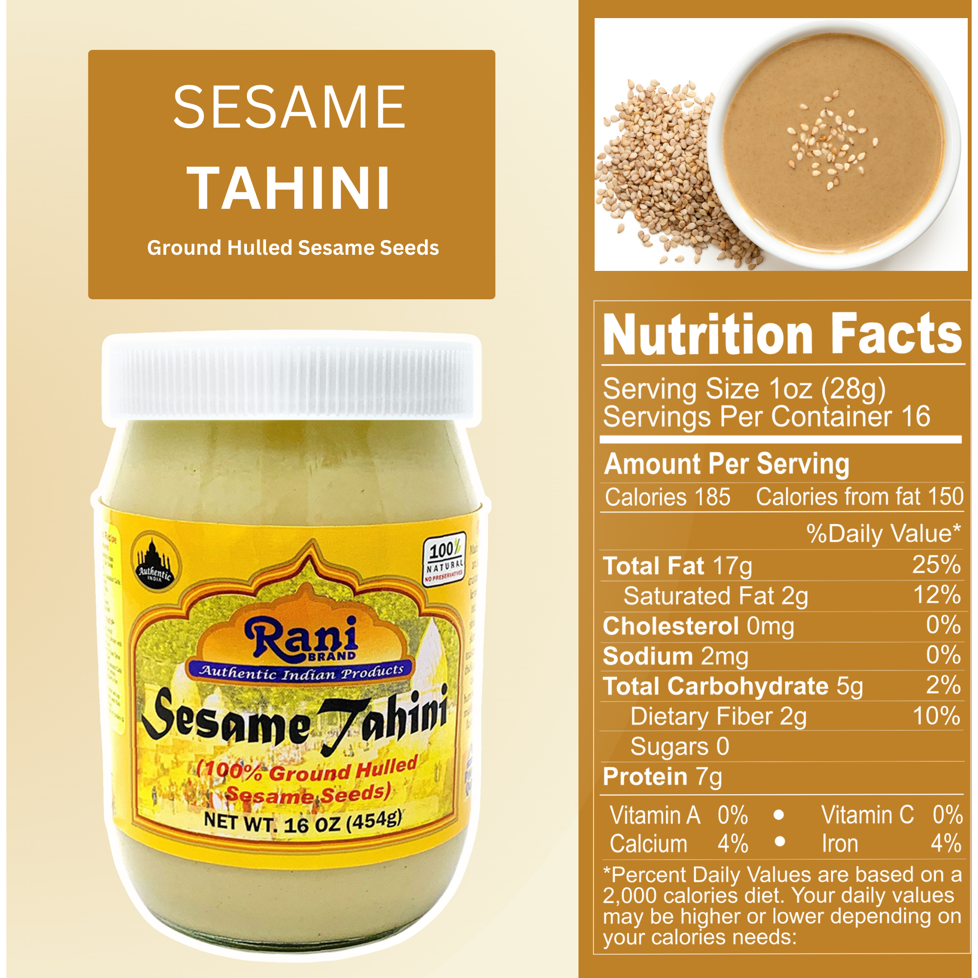 Rani Sesame Tahini (Sesame Butter) 16oz (1lb) 454g, Pack of 12, Glass Jar, Vegan, No added sugar, No Sodium ~ Gluten Free, NON-GMO, No Colors, USA Made (Size 16oz (1lb) 454g)
