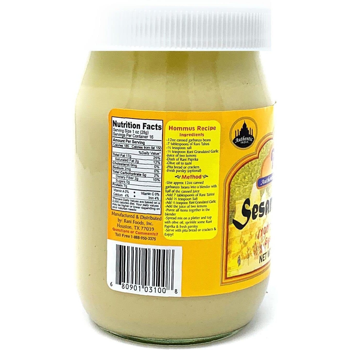 Rani Sesame Tahini (Sesame Butter) 16oz (1lb) 454g, Pack of 12, Glass Jar, Vegan, No added sugar, No Sodium ~ Gluten Free, NON-GMO, No Colors, USA Made (Size 16oz (1lb) 454g)