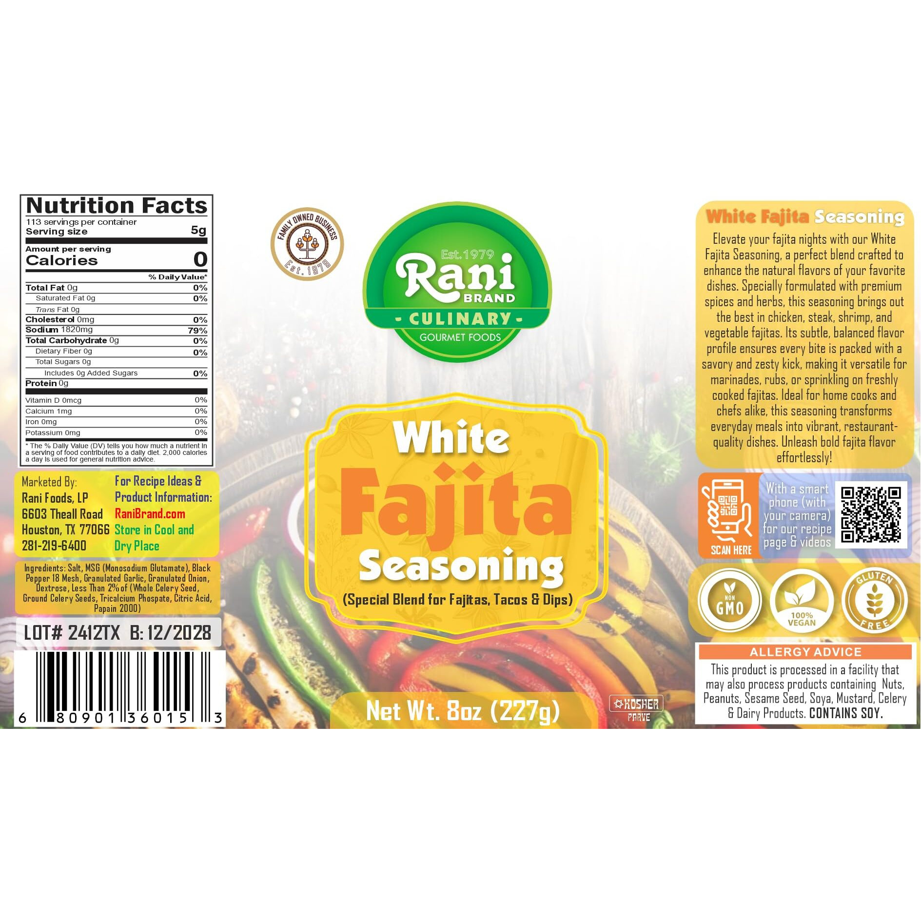 Rani White Fajita Seasoning (Special Blend for Fajitas, Tacos & Dips) 8oz (227g) PET Jar ~ All Natural, Gluten Friendly, NON-GMO, Kosher, Vegan, Indian Origin (Size 8oz (227g))