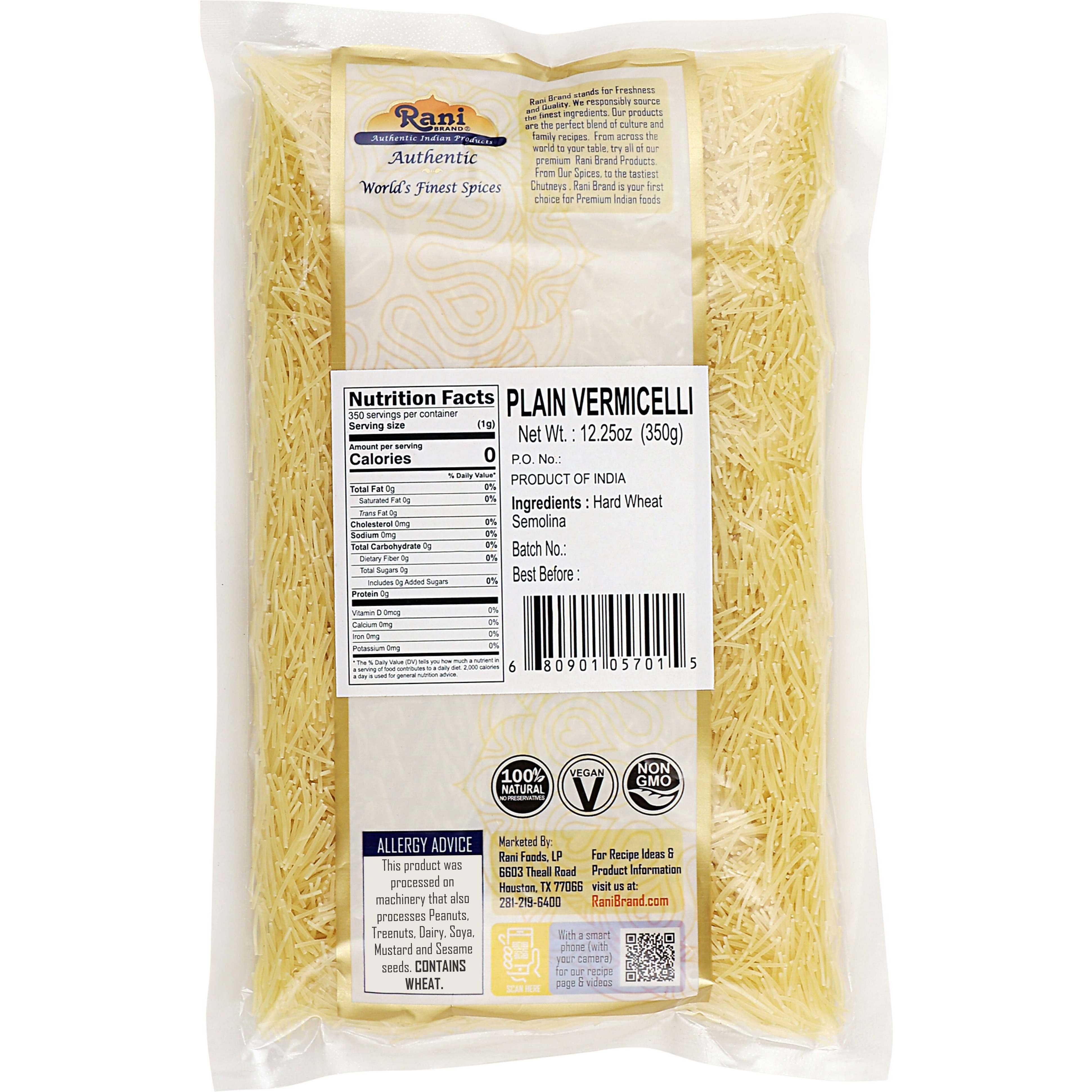 Rani Plain Vermicelli (Wheat Noodles) 12.25oz (350g) ~ All Natural, Vegan, NON-GMO, Indian Origin