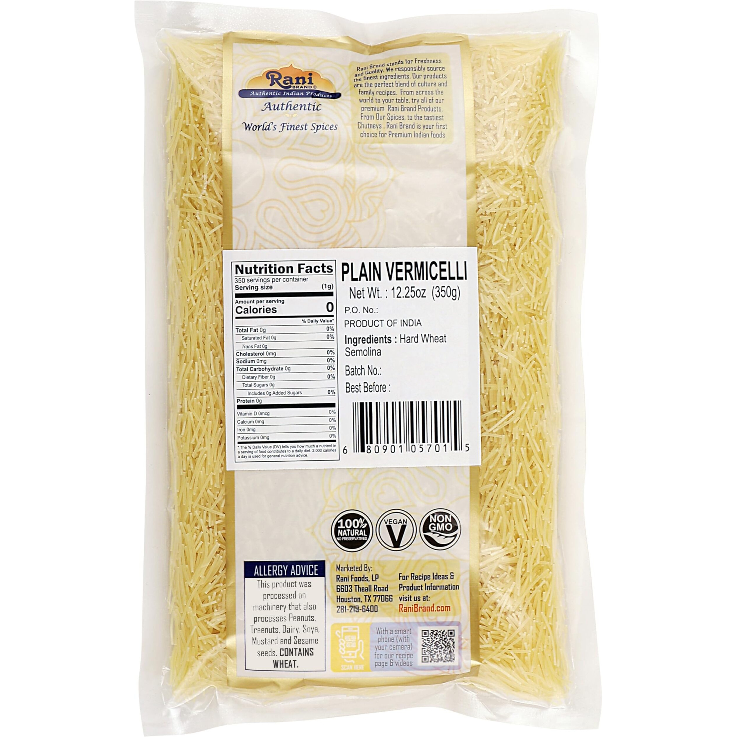 Rani Plain Vermicelli (Wheat Noodles) 12.25oz (350g), Pack of 6 ~ All Natural, Vegan, NON-GMO, Indian Origin