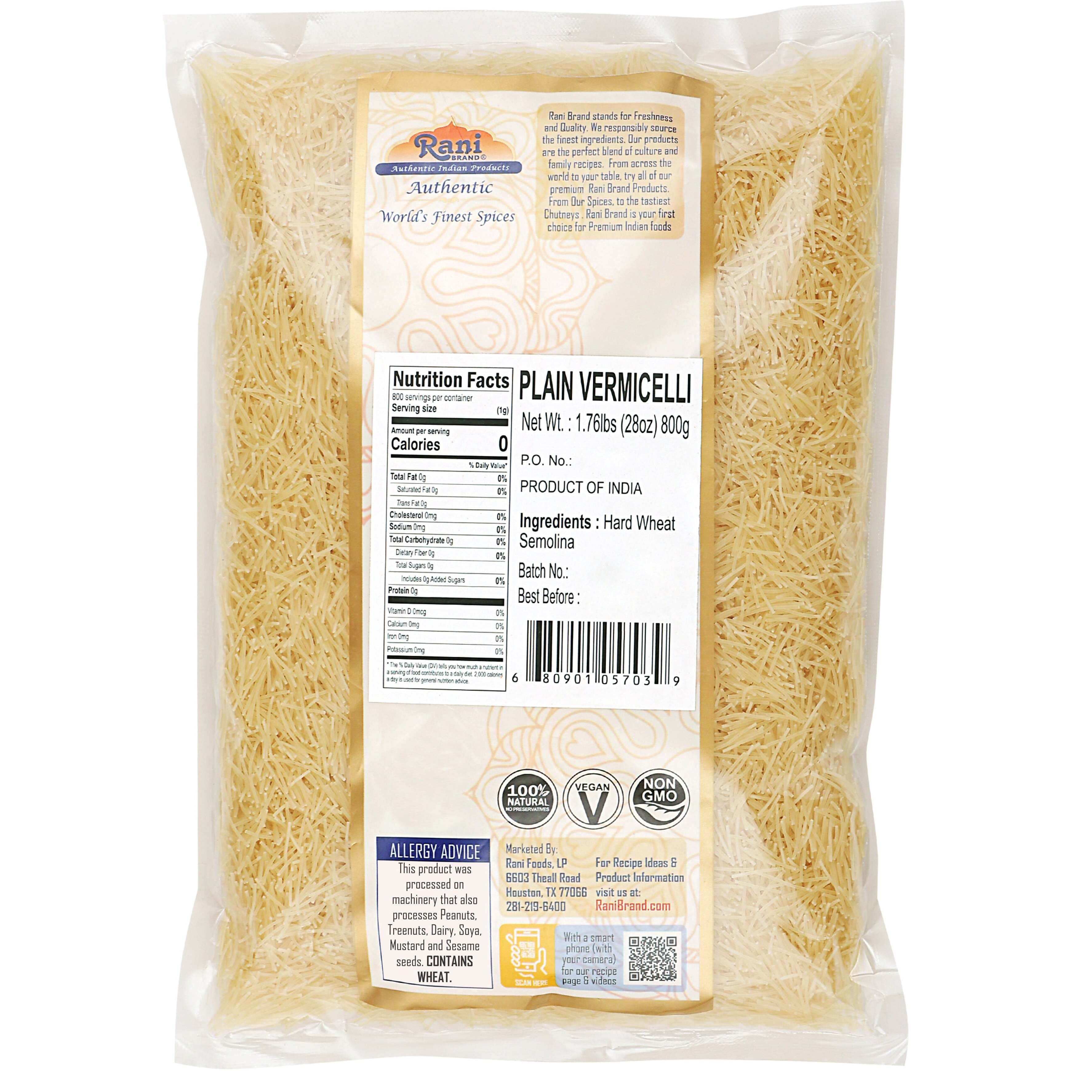 Rani Plain Vermicelli (Wheat Noodles) 28oz (1.75lbs) 800g ~ All Natural, Vegan, NON-GMO, Indian Origin