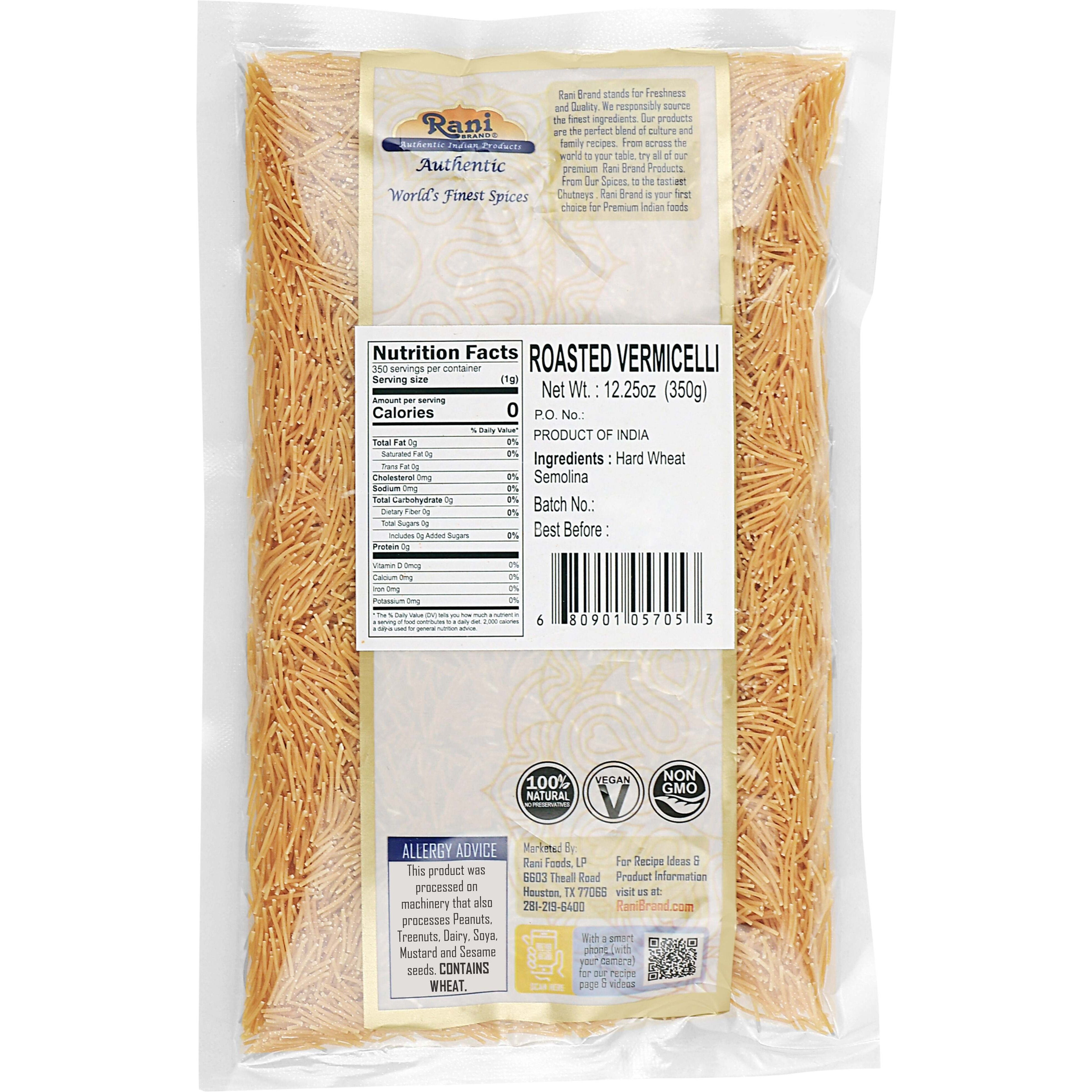 Rani Roasted Vermicelli (Roasted Wheat Noodles) 12.25oz (350g) ~ All Natural, Vegan, NON-GMO, Indian Origin