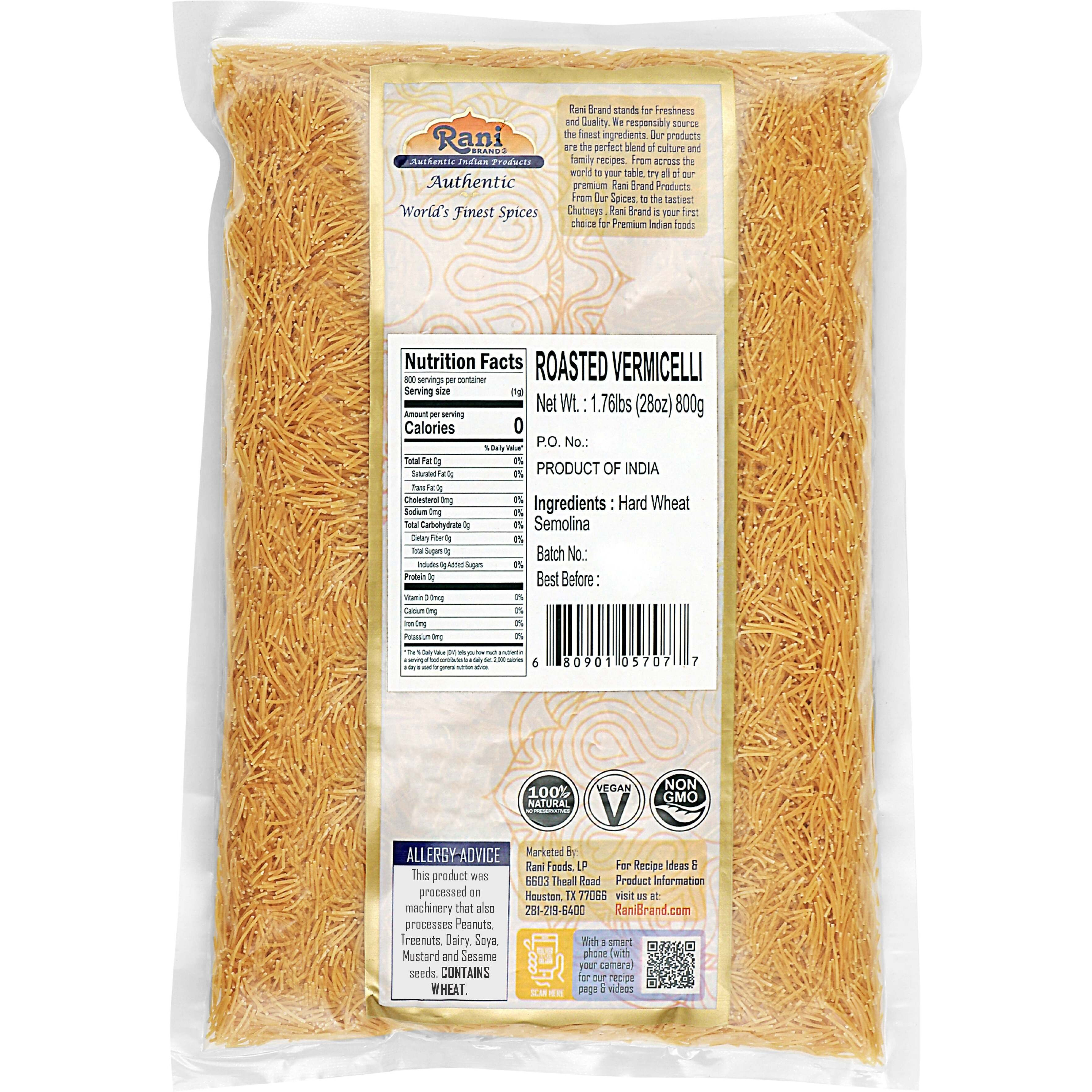 Rani Roasted Vermicelli (Roasted Wheat Noodles) 28oz (1.75lbs) 800g ~ All Natural, Vegan, NON-GMO, Indian Origin