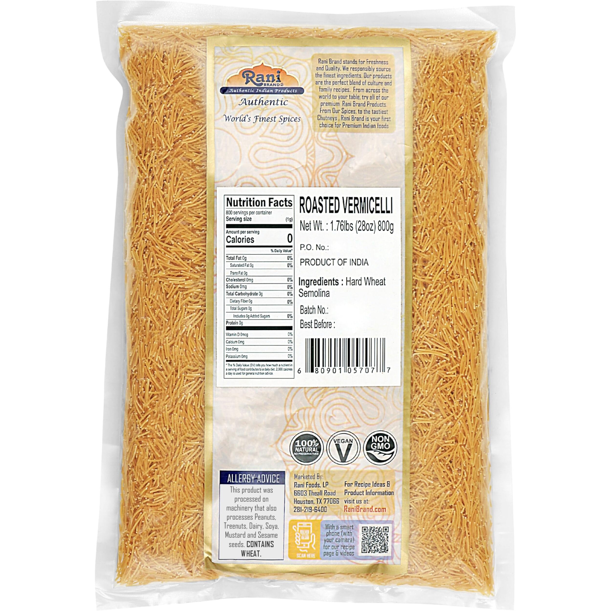 Rani Roasted Vermicelli (Roasted Wheat Noodles) 28oz (1.75lbs) 800g, Pack of 3 ~ All Natural, Vegan, NON-GMO, Indian Origin
