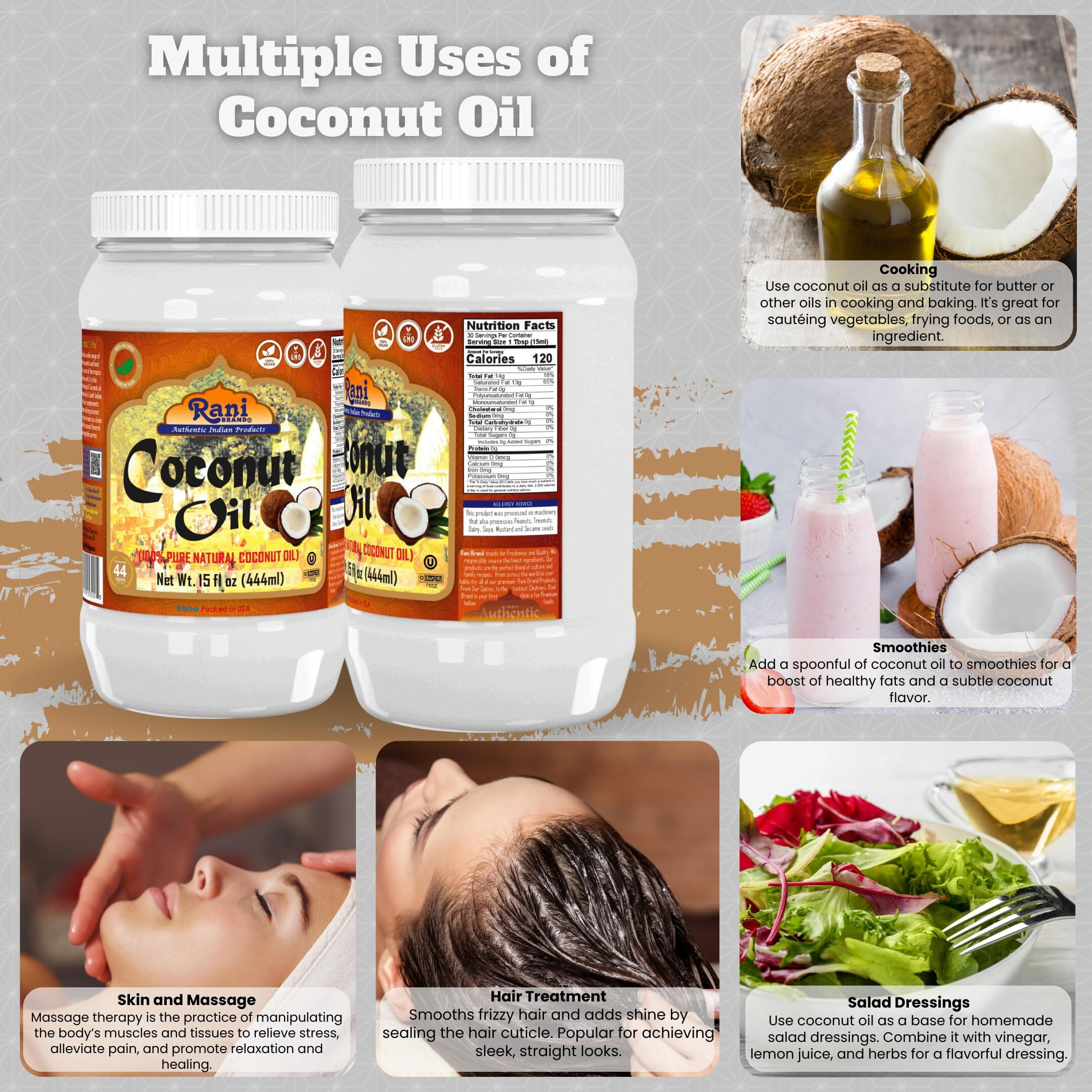 Rani Coconut Oil (100% Pure Natural Coconut Oil) 15 fl oz (444ml) Cold Pressed, NON-GMO, Gluten Free, Kosher, Vegan, 100% Natural, Packed in USA