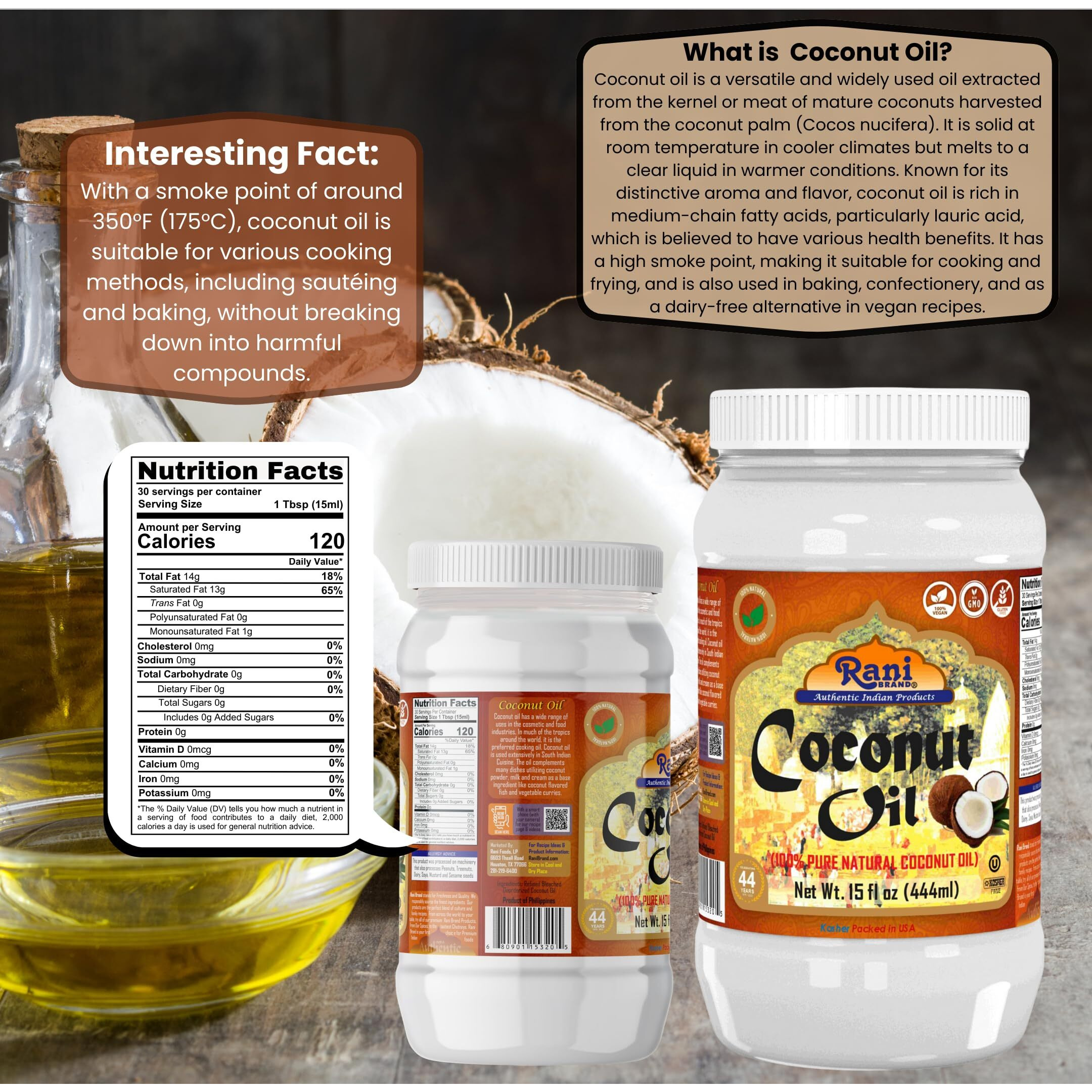 Rani Coconut Oil (100% Pure Natural Coconut Oil) 15 fl oz (444ml) Cold Pressed, NON-GMO, Gluten Free, Kosher, Vegan, 100% Natural, Packed in USA