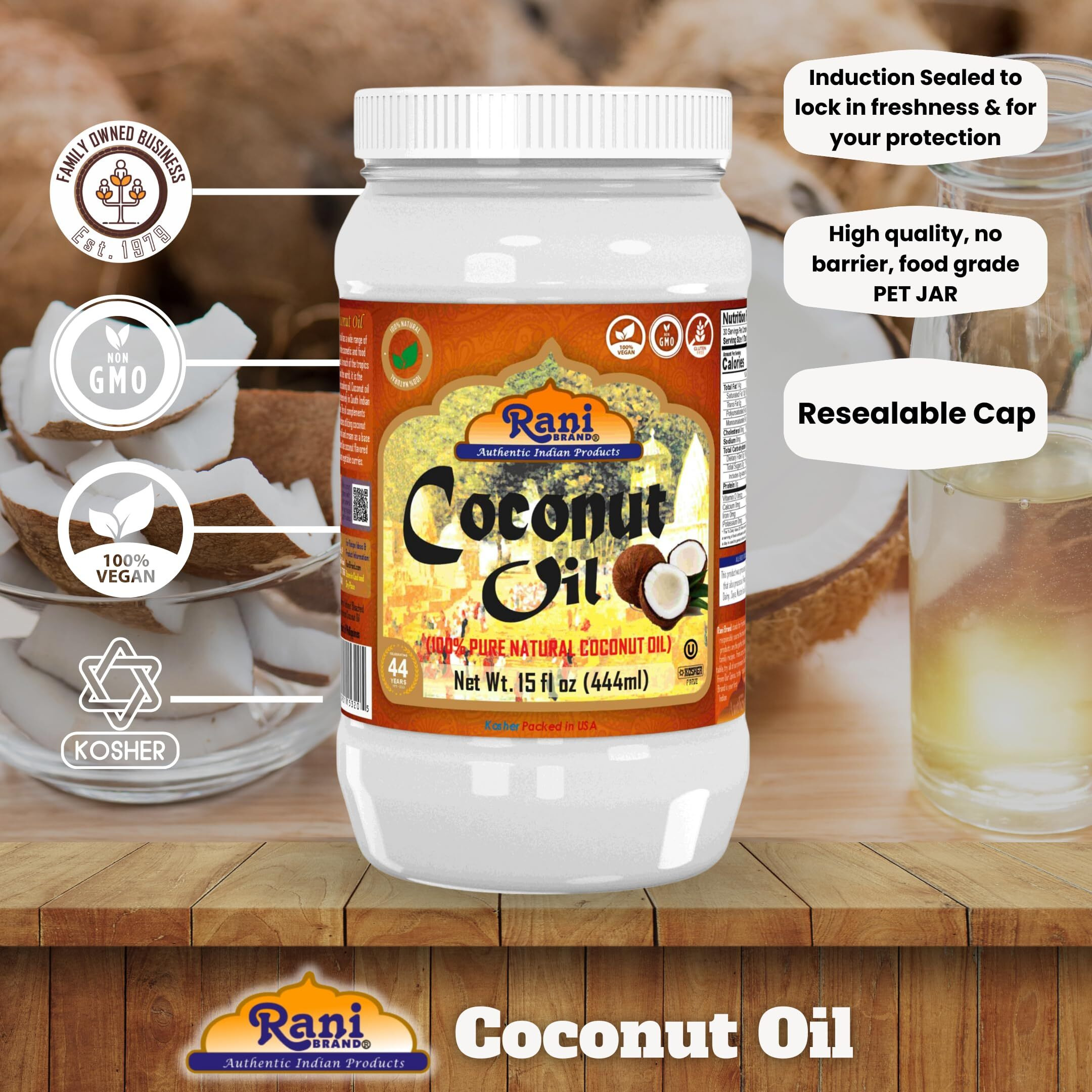 Rani Coconut Oil (100% Pure Natural Coconut Oil) 15 fl oz (444ml) Cold Pressed, NON-GMO, Gluten Free, Kosher, Vegan, 100% Natural, Packed in USA