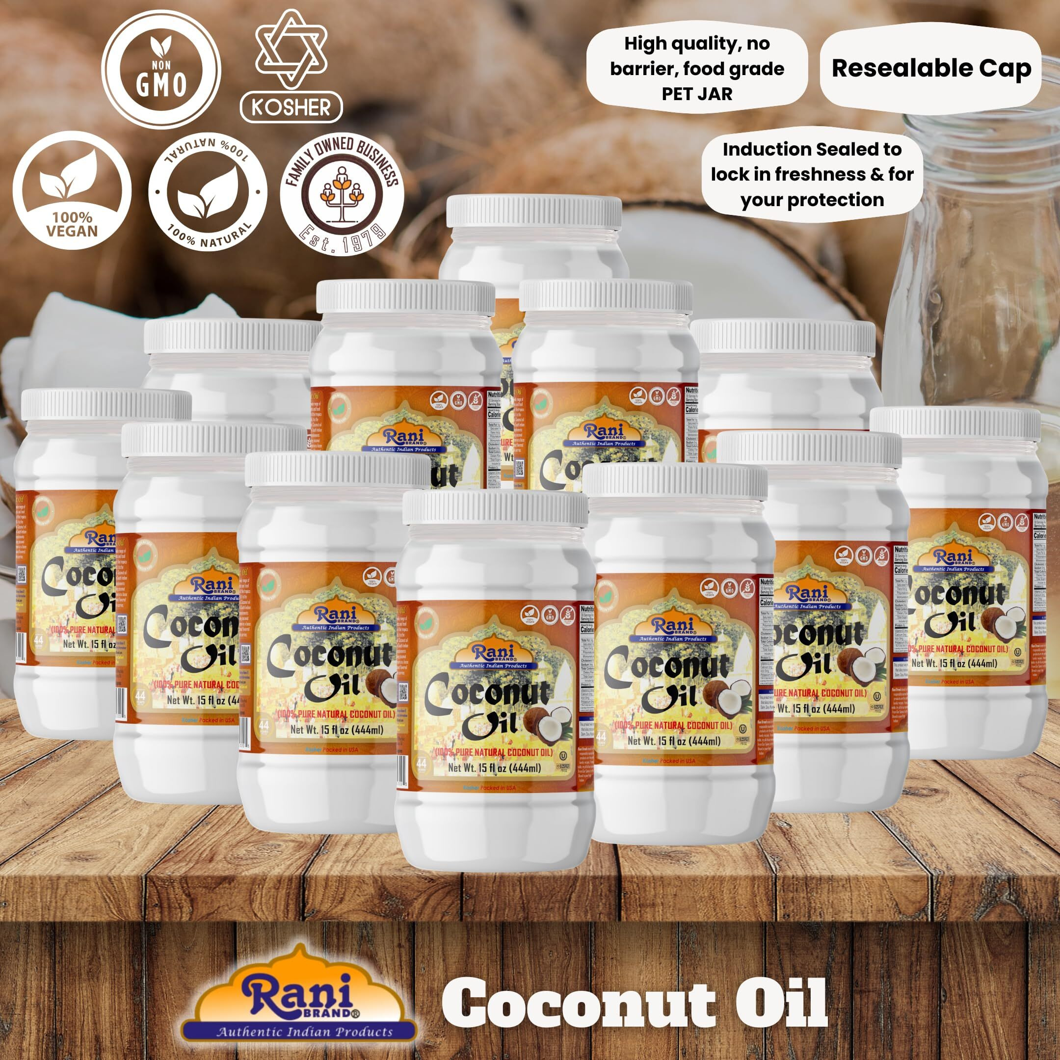 Rani Coconut Oil (100% Pure Natural Coconut Oil) 15 fl oz (444ml) Pack of 12, Cold Pressed, NON-GMO, Gluten Free, Kosher, Vegan, 100% Natural, Packed in USA