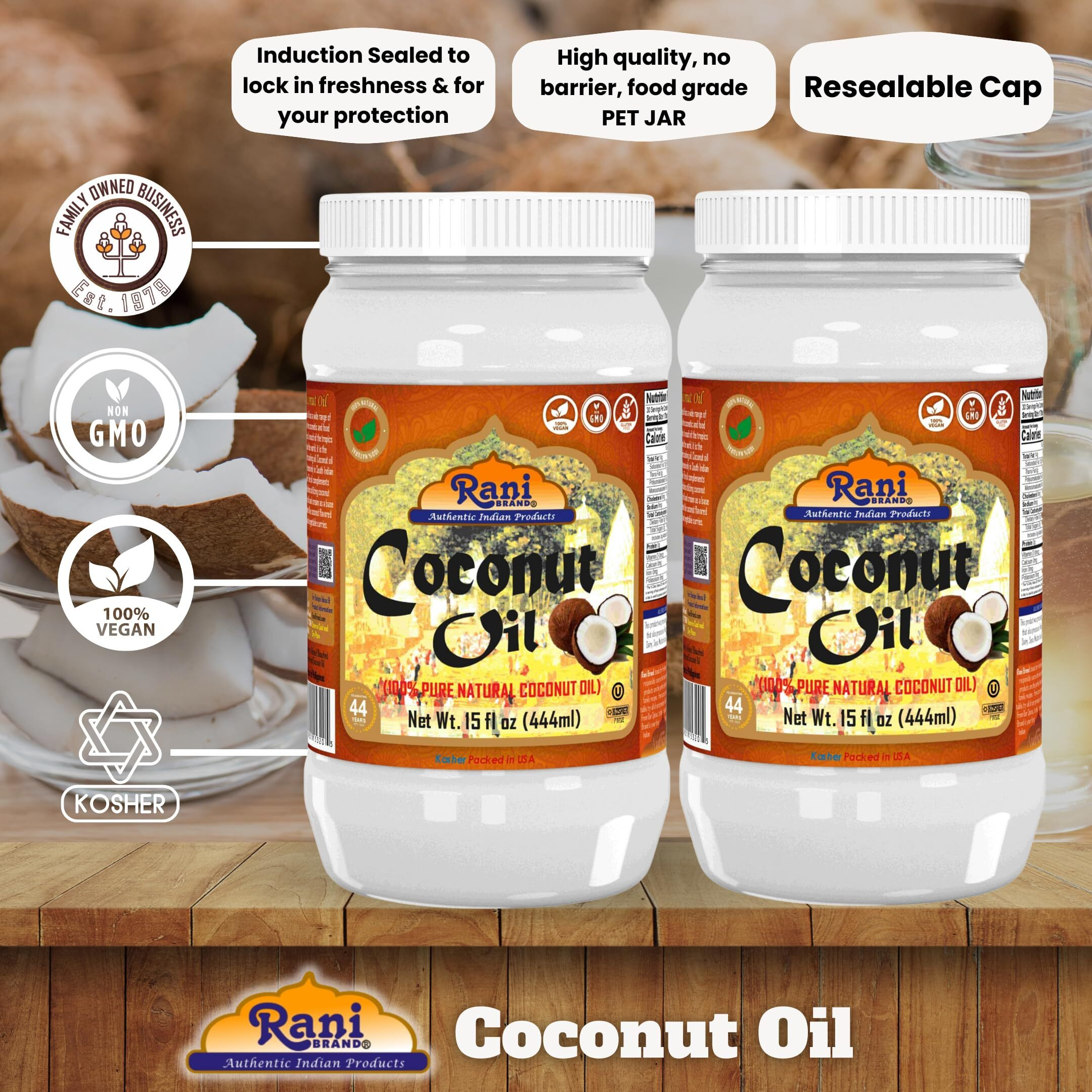 Rani Coconut Oil (100% Pure Natural Coconut Oil) 15 fl oz (444ml) Pack of 2, Cold Pressed, NON-GMO, Gluten Free, Kosher, Vegan, 100% Natural, Packed in USA