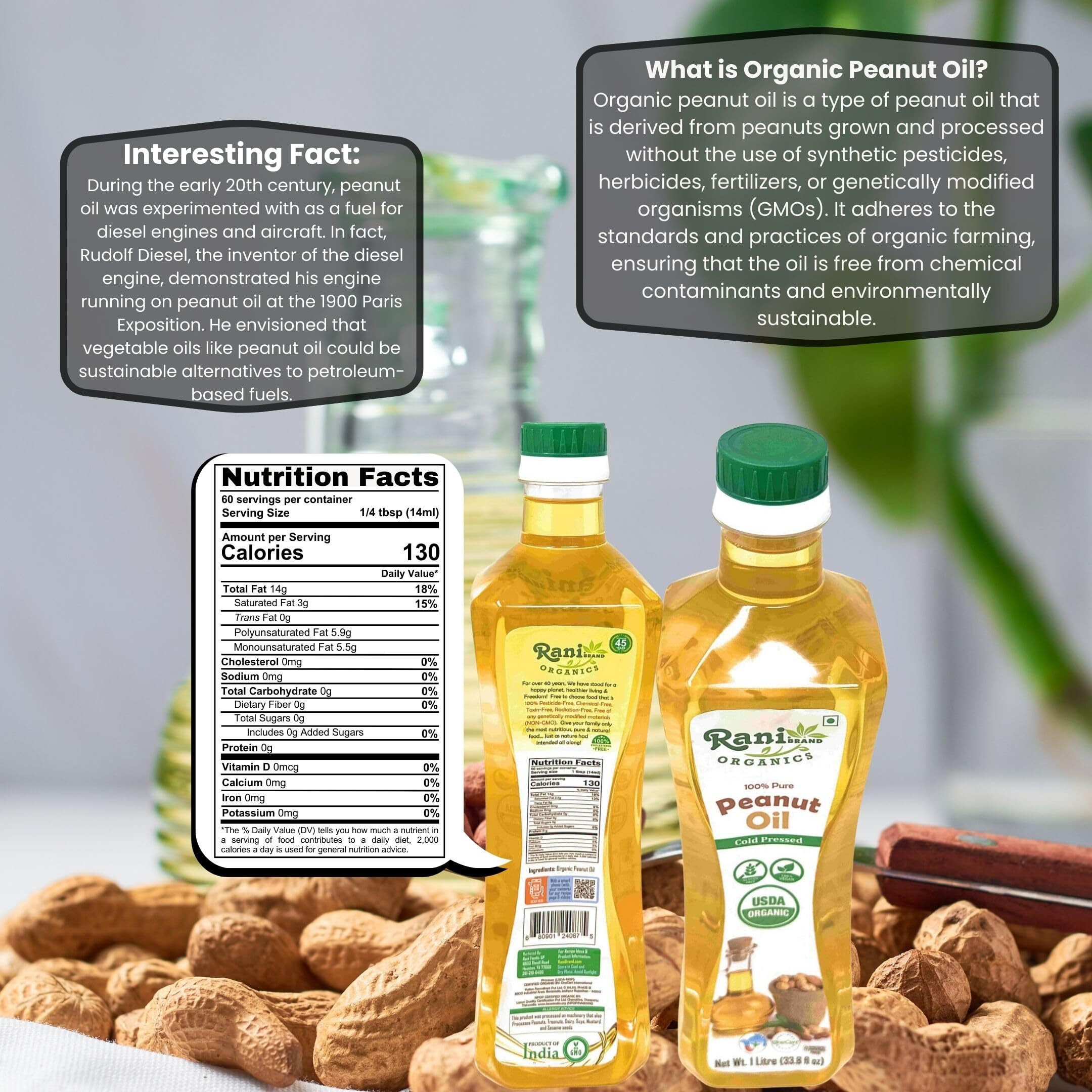 Rani Organic Peanut Oil 33.8 Ounce (1 Liter) Cold Pressed, 100% Natural, NON-GMO, Kosher, Vegan, Gluten Free, USDA Certified Organic