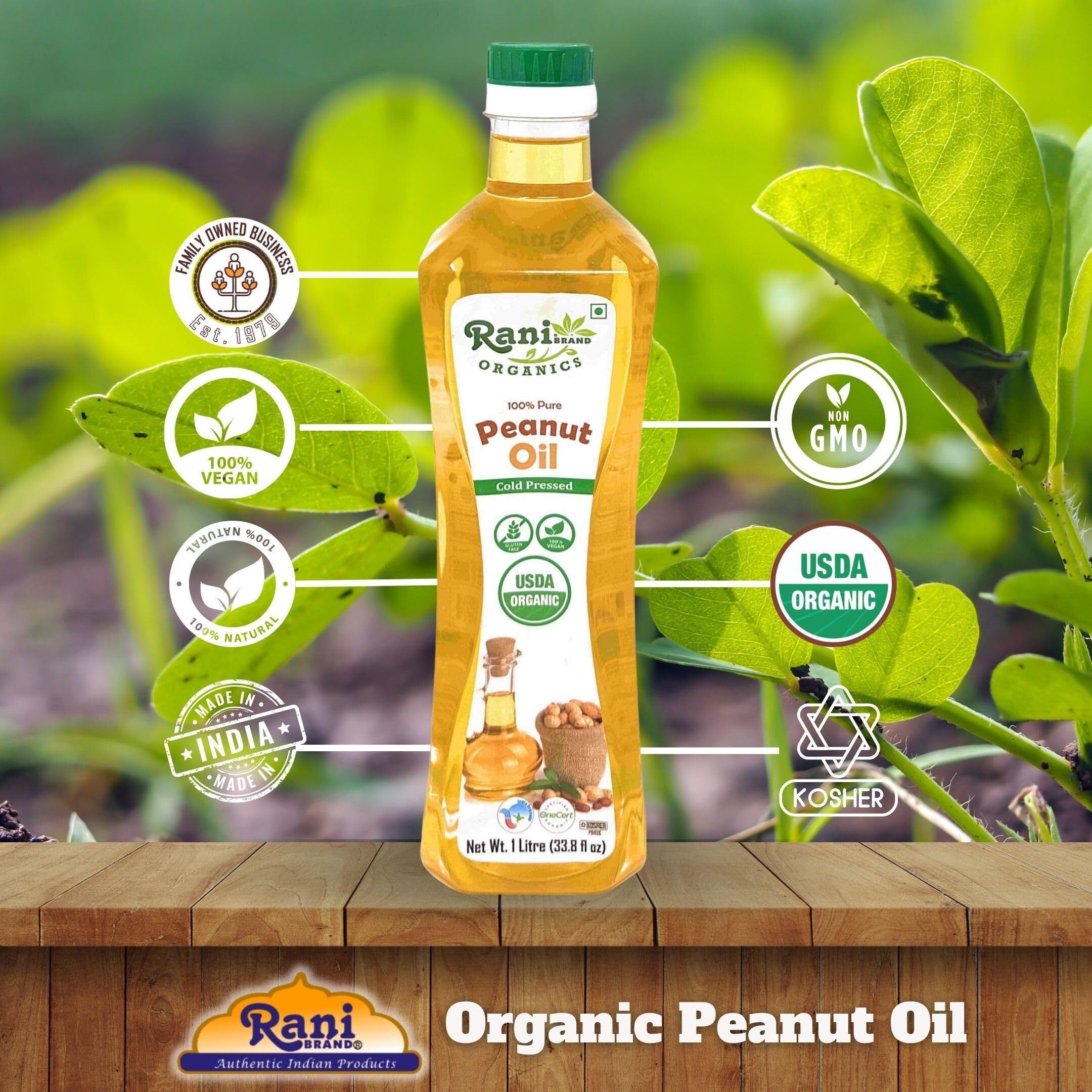 Rani Organic Peanut Oil 33.8 Ounce (1 Liter) Cold Pressed, 100% Natural, NON-GMO, Kosher, Vegan, Gluten Free, USDA Certified Organic