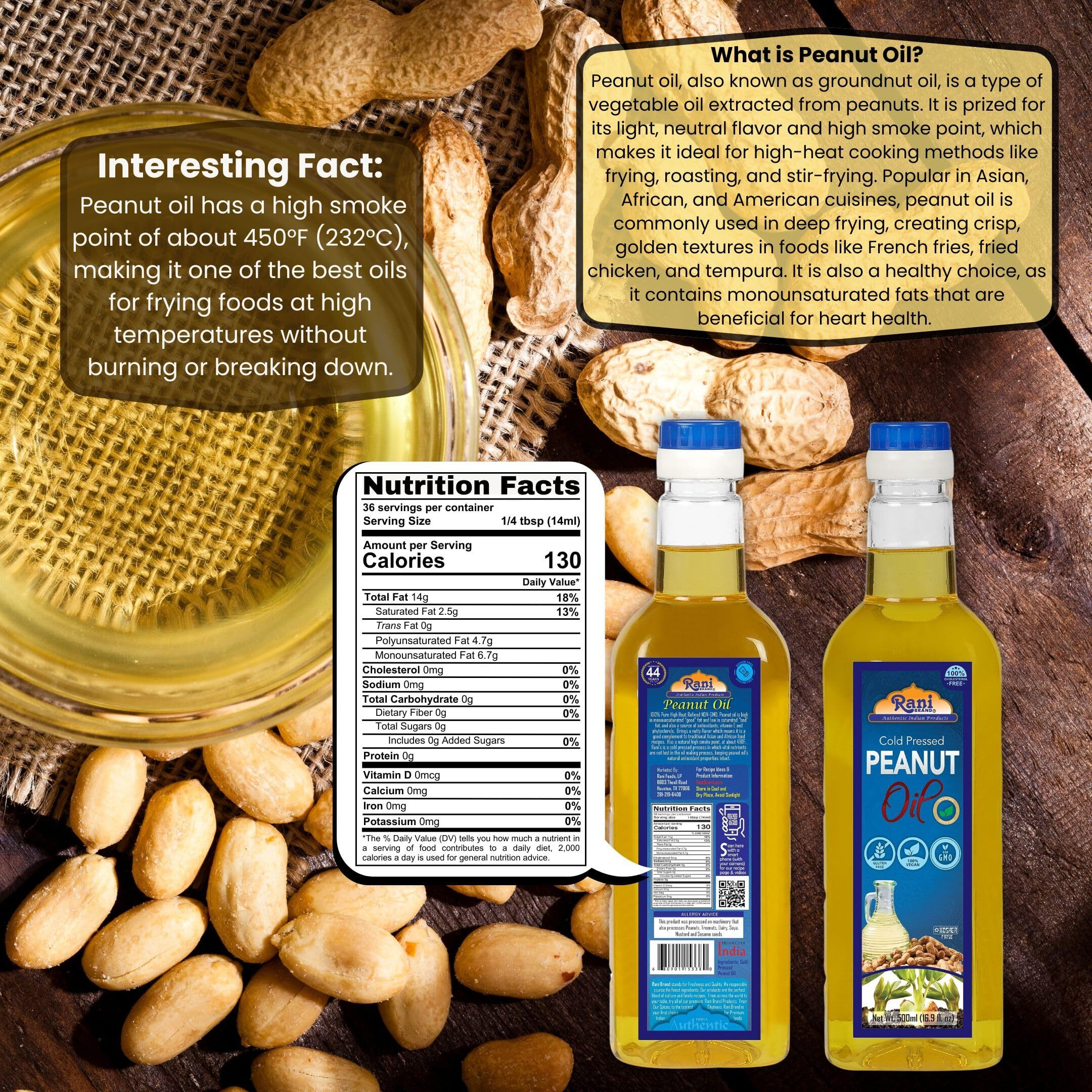 Rani Peanut Oil 16.9 Ounce (500ml) Cold Pressed, 100% Natural, NON-GMO, Kosher, Vegan, Gluten Free
