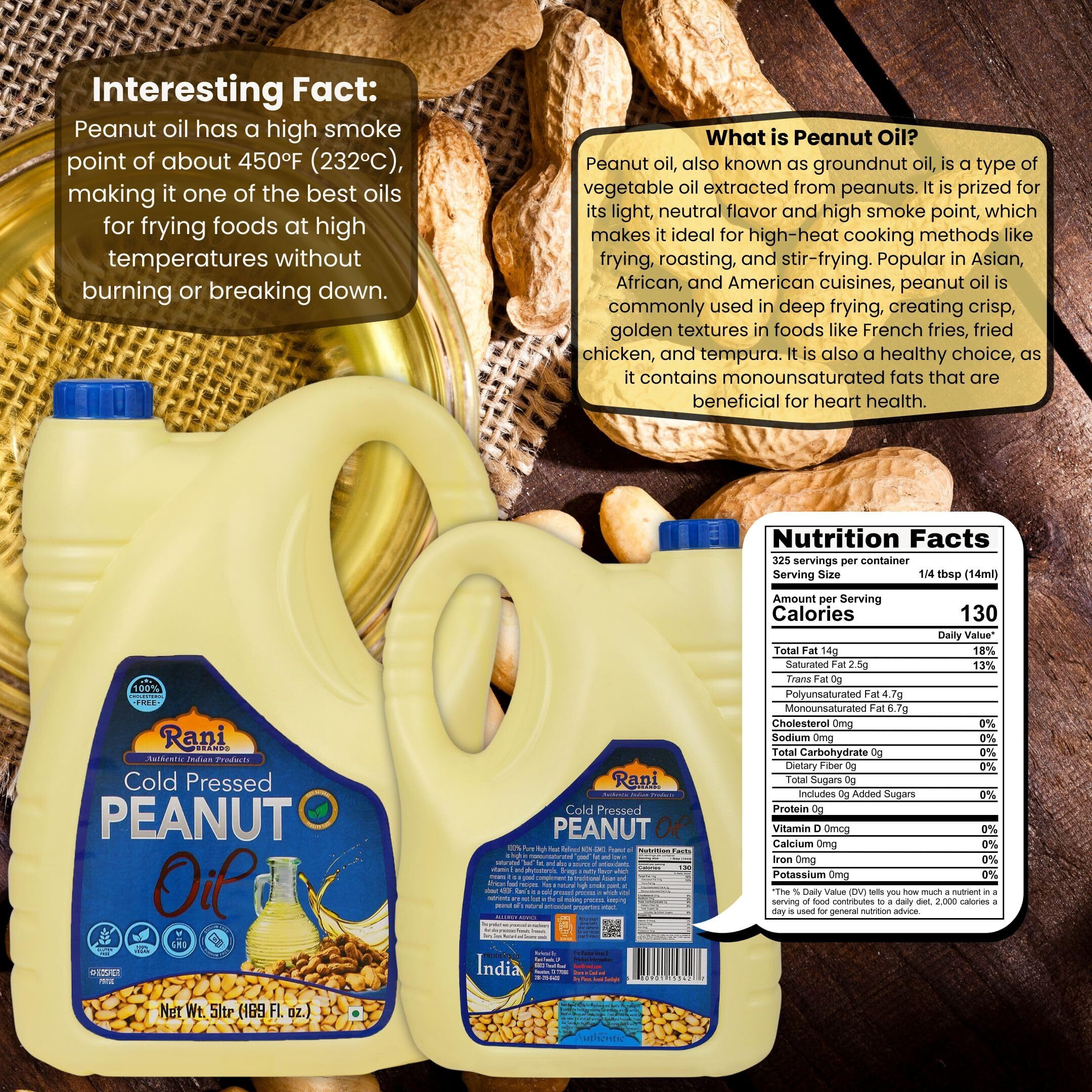 Rani Peanut Oil 169 Ounce (5 Liter) Cold Pressed, 100% Natural, NON-GMO, Kosher, Vegan, Gluten Free