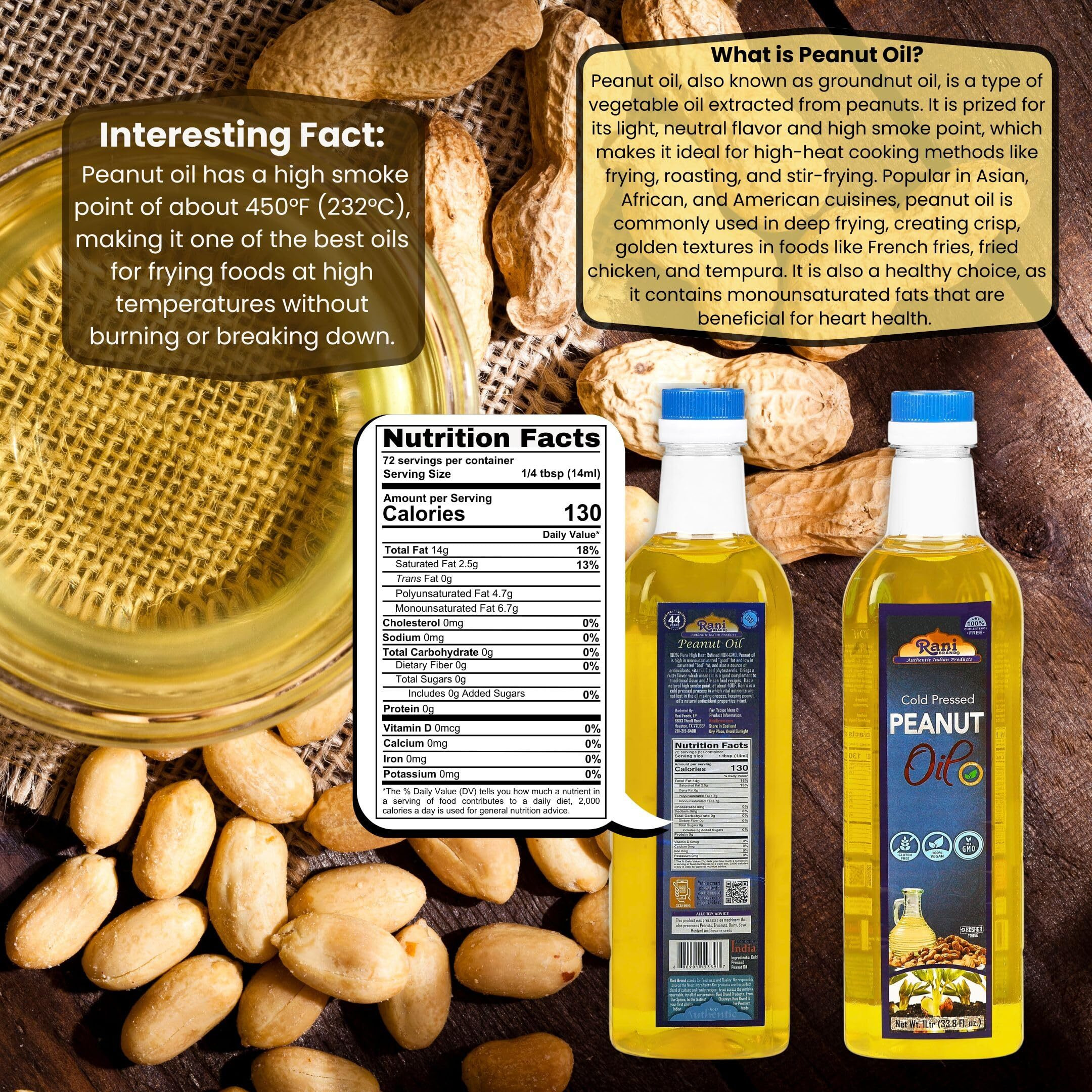 Rani Peanut Oil 33.8 Ounce (1 Liter) Cold Pressed, 100% Natural, NON-GMO, Kosher, Vegan, Gluten Free