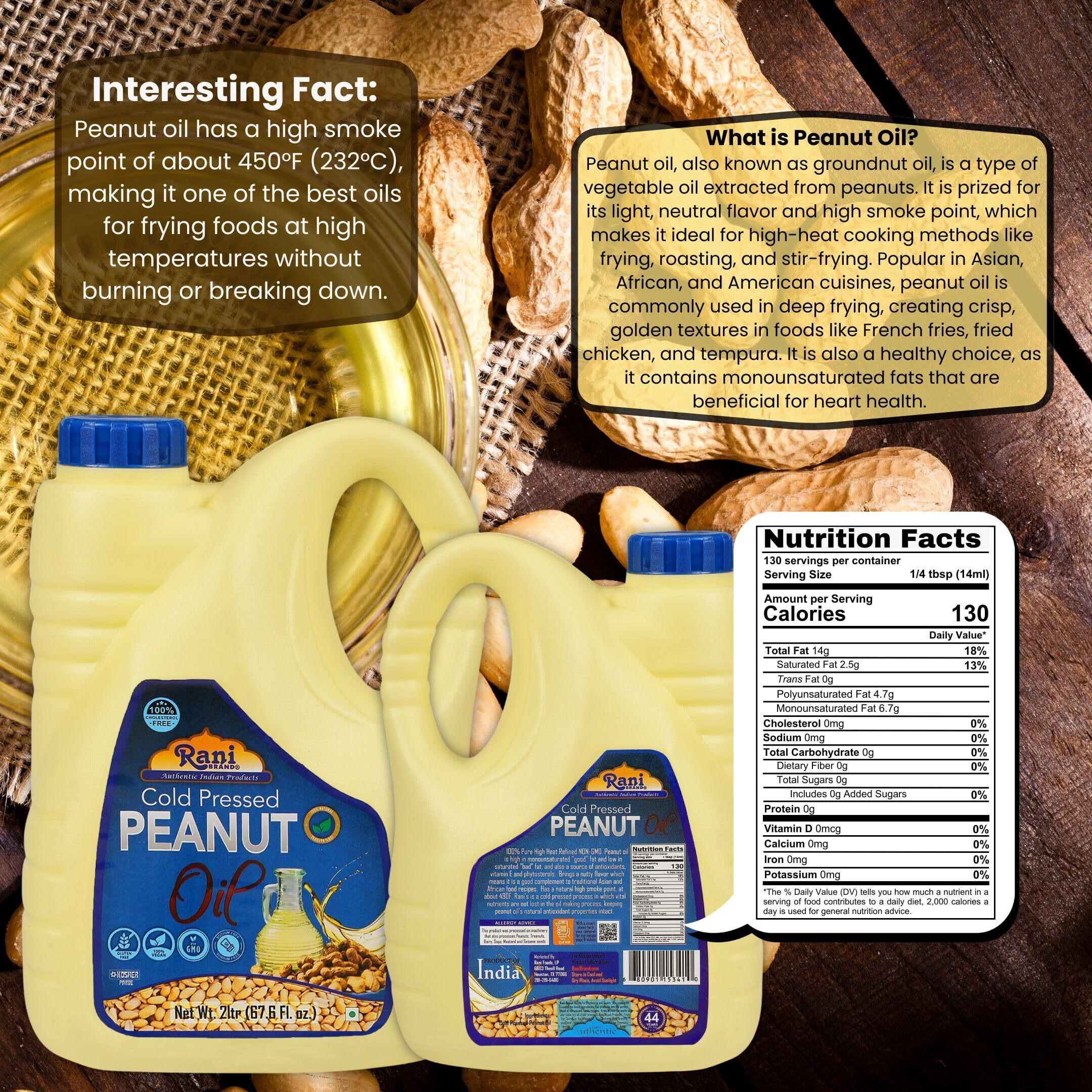 Rani Peanut Oil 67.6 Ounce (2 Liter) Cold Pressed, 100% Natural, NON-GMO, Kosher, Vegan, Gluten Free