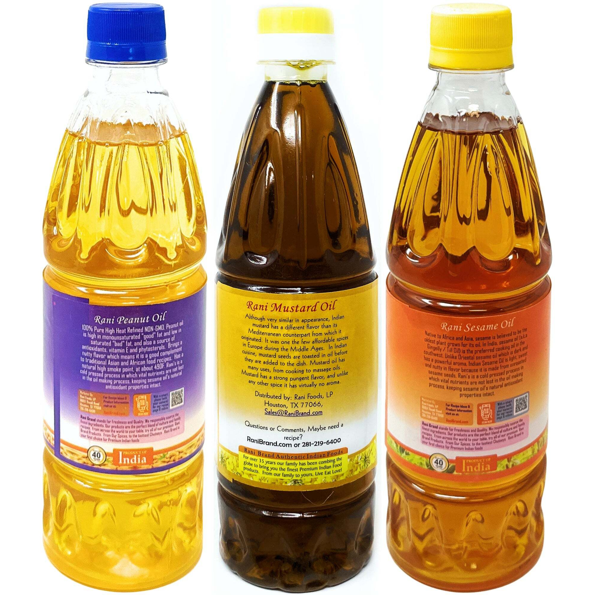 Rani Premium Oils Combo Set of 3 - Peanut Oil, Mustard Oil, Sesame Oil 16.9 Ounce (500ml) ~ Cold Pressed, 100% Natural, Kosher, NON-GMO, Vegan, Gluten Free