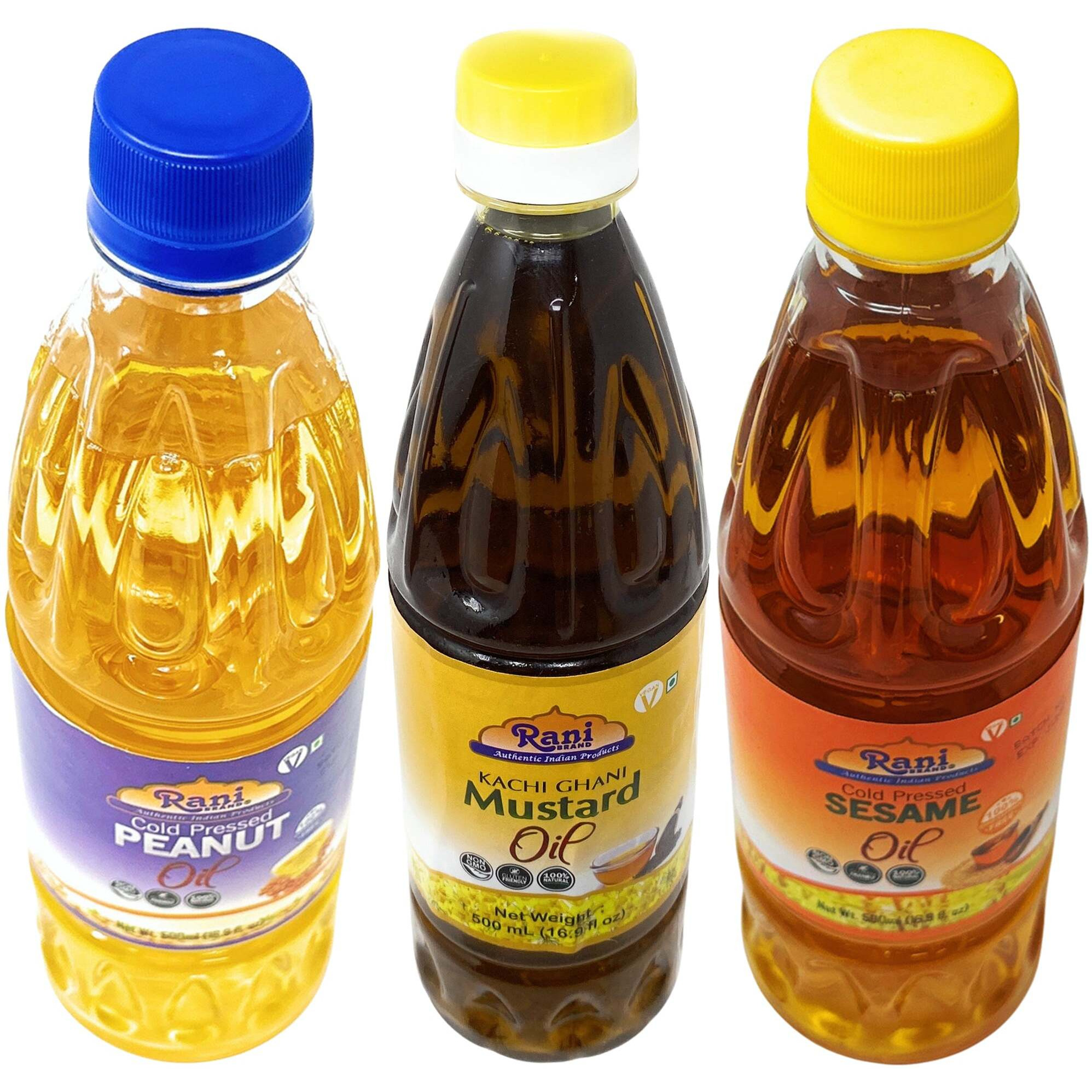 Rani Premium Oils Combo Set of 3 - Peanut Oil, Mustard Oil, Sesame Oil 16.9 Ounce (500ml) ~ Cold Pressed, 100% Natural, Kosher, NON-GMO, Vegan, Gluten Free