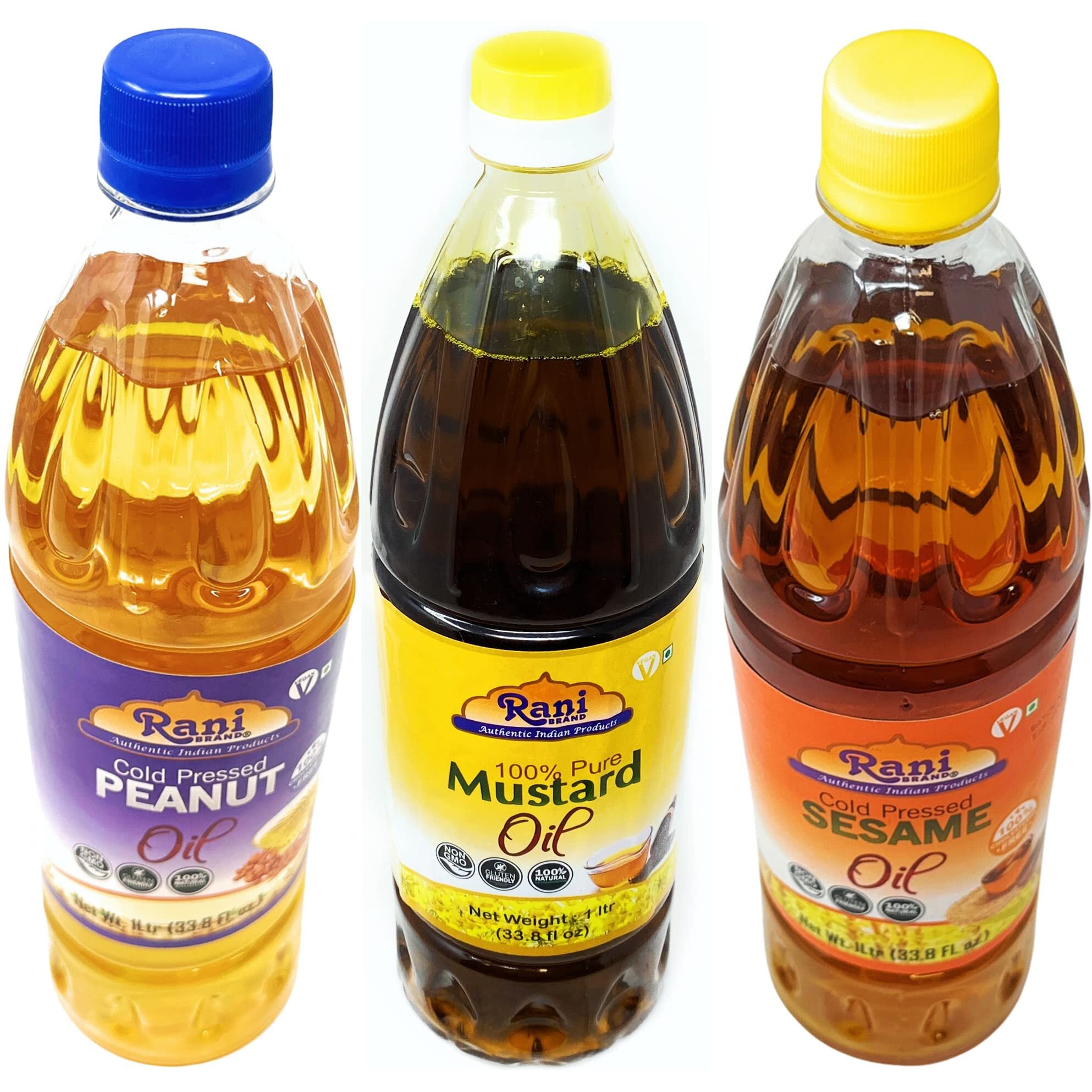 Rani Premium Oils Combo Set of 3 - Peanut Oil, Mustard Oil, Sesame Oil 33.8 Ounce (1 Liter) ~ Cold Pressed, 100% Natural, Kosher, NON-GMO, Vegan, Gluten Free