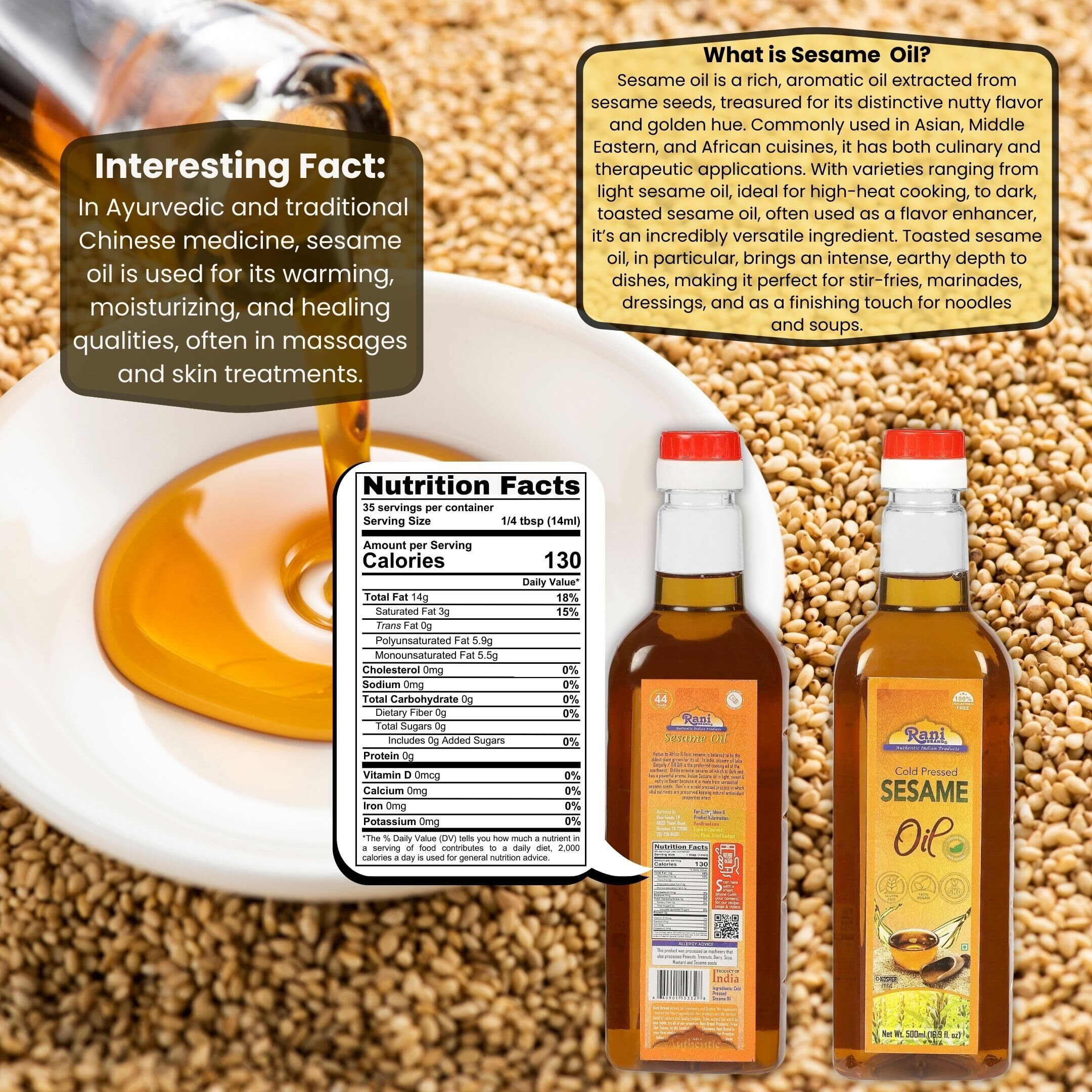 Rani Sesame Oil 16.9 Ounce (500ml) Cold Pressed, 100% Natural, NON-GMO, Kosher, Vegan, Gluten Free