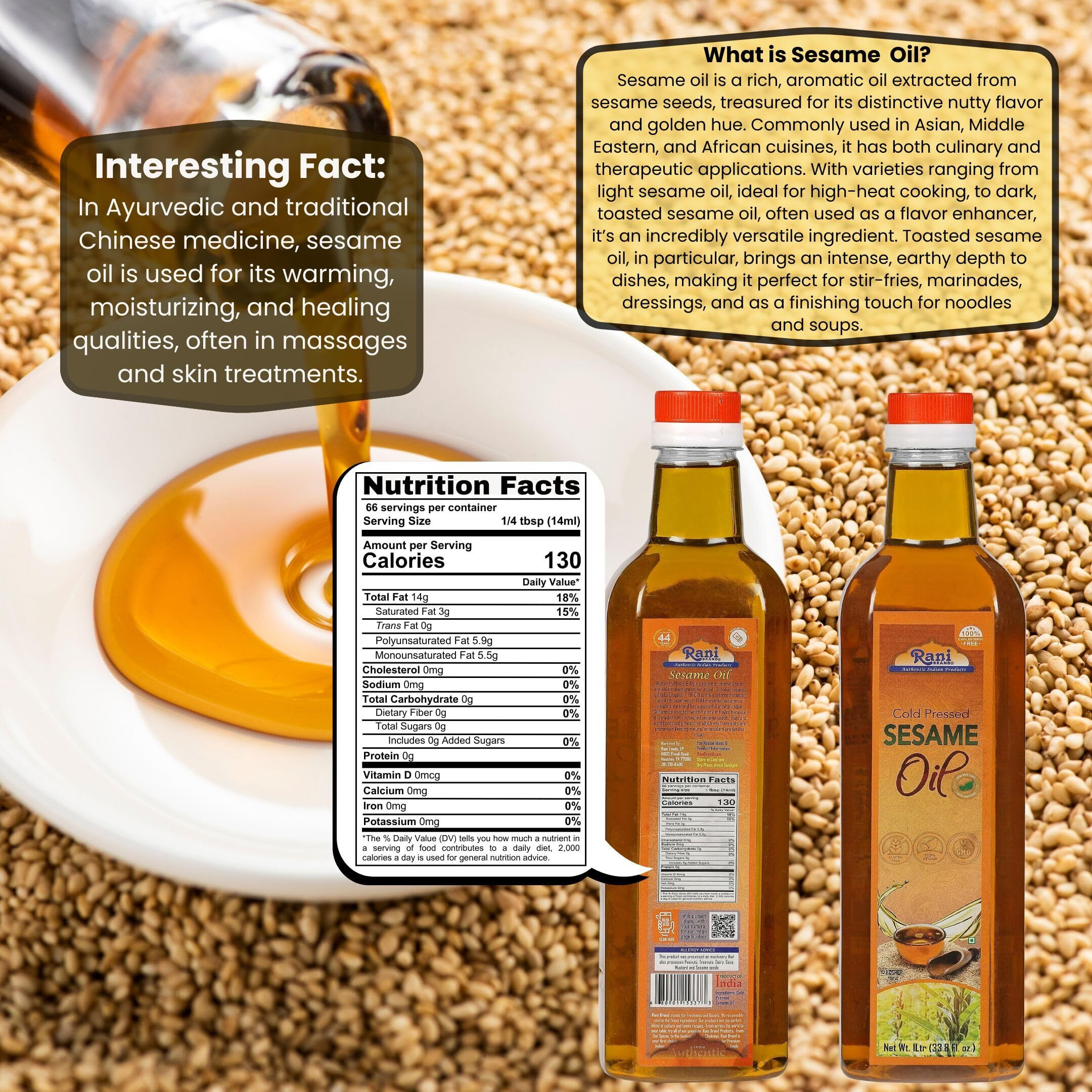 Rani Sesame Oil 33.8 Ounce (1 Liter) Cold Pressed, 100% Natural, NON-GMO, Kosher, Vegan, Gluten Free