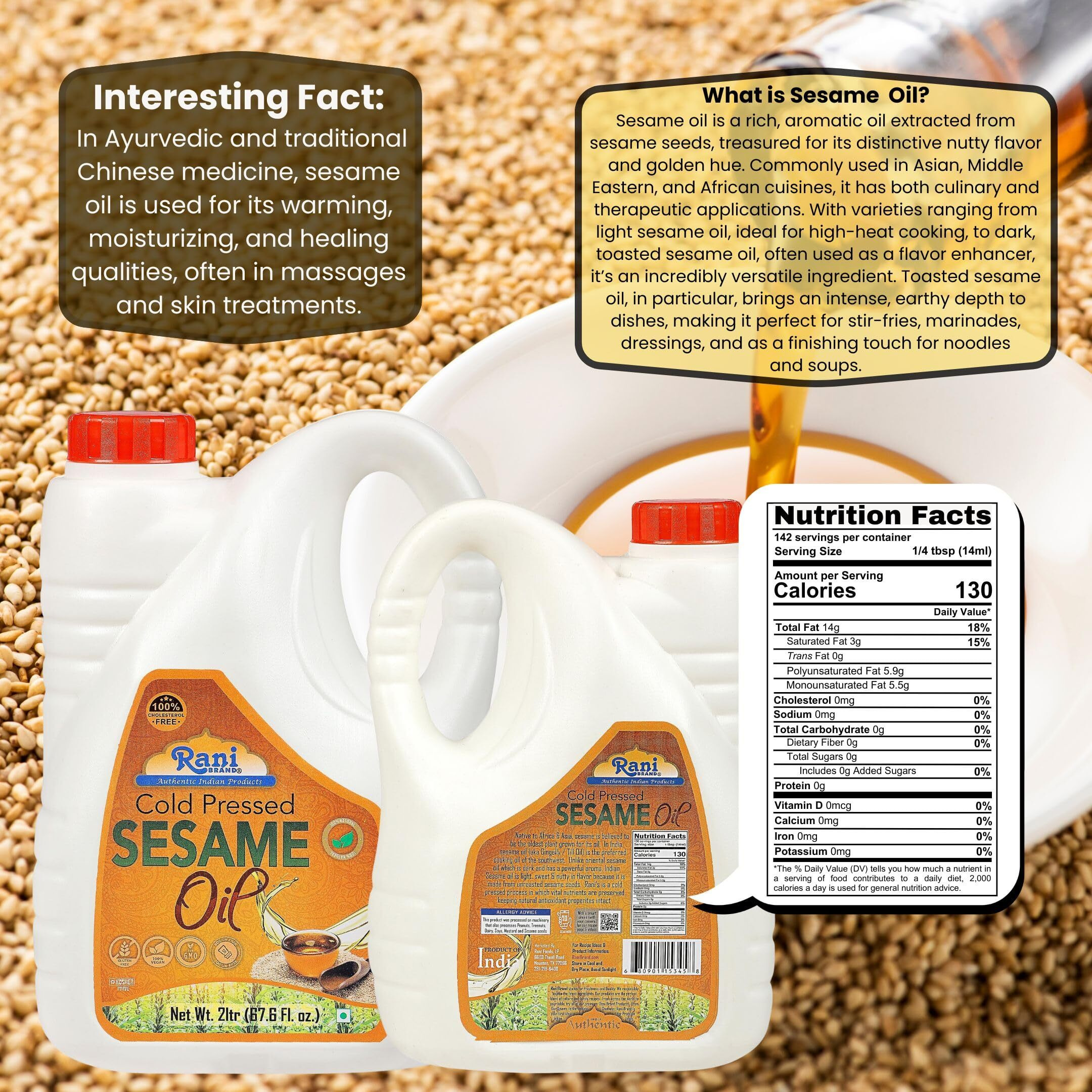 Rani Sesame Oil 67.6 Ounce (2 Liter) Cold Pressed, 100% Natural, NON-GMO, Kosher, Vegan, Gluten Free