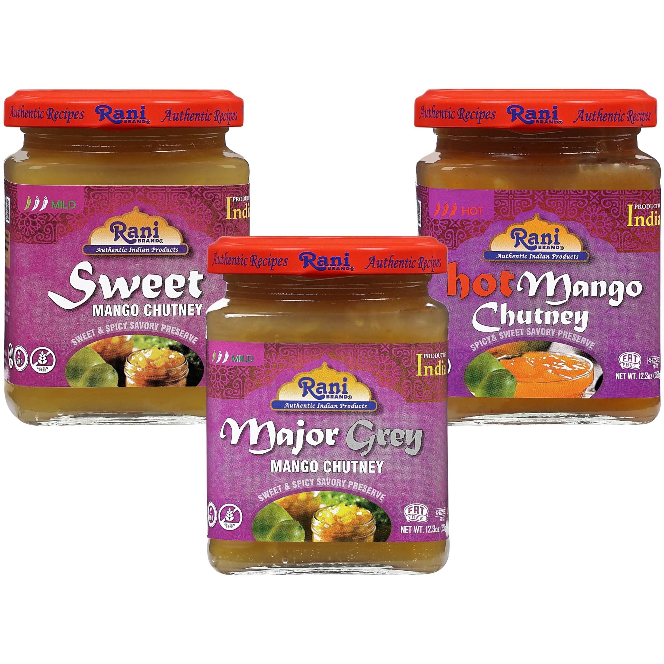 Rani 3-in-1 Mango Chutney (Hot, Sweet, Major Grey) 12.3oz (350g) Glass Jar, Ready to eat, Vegan ~ Gluten Free, All Natural, NON-GMO, Kosher