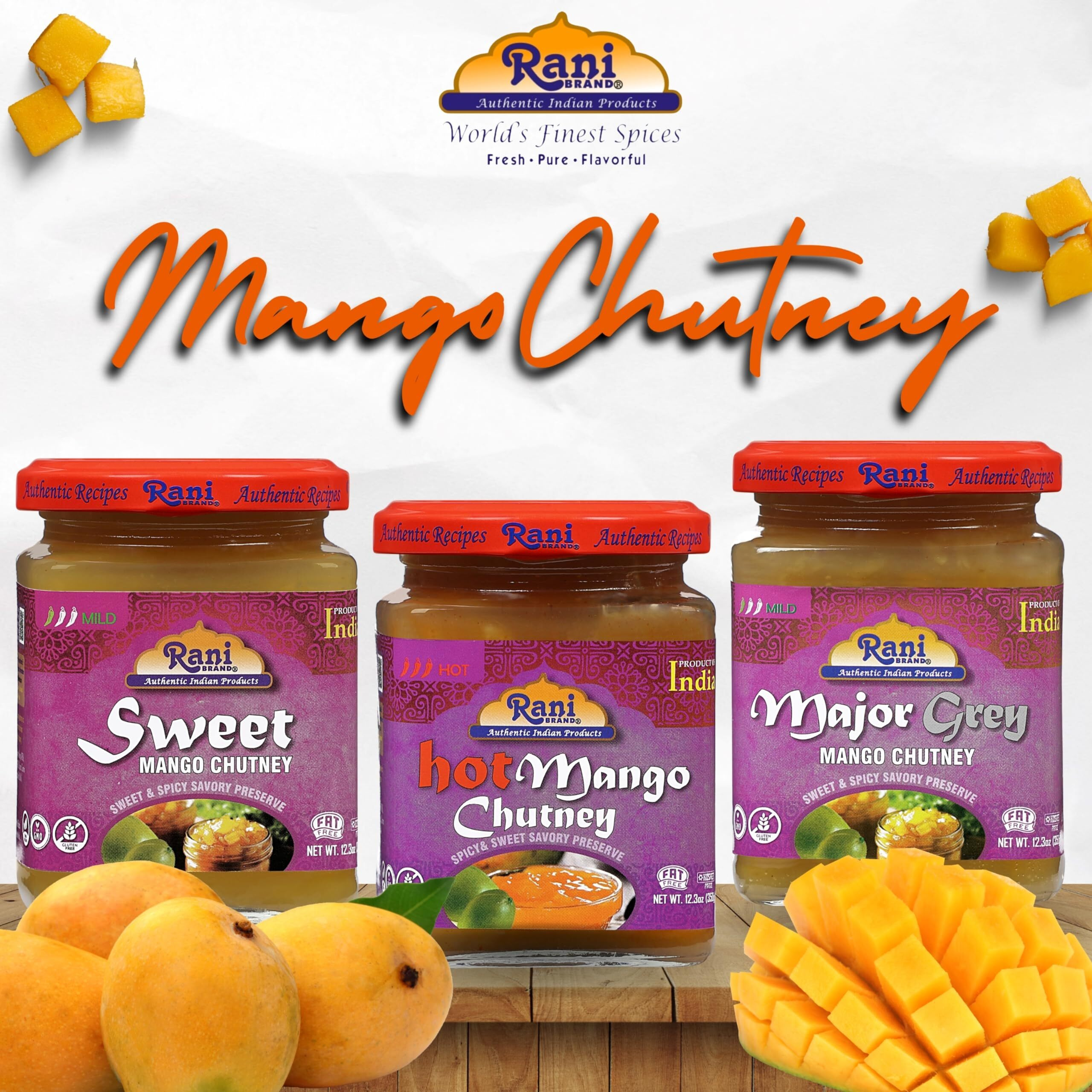 Rani 3-in-1 Mango Chutney (Hot, Sweet, Major Grey) 12.3oz (350g) Glass Jar, Ready to eat, Vegan ~ Gluten Free, All Natural, NON-GMO, Kosher