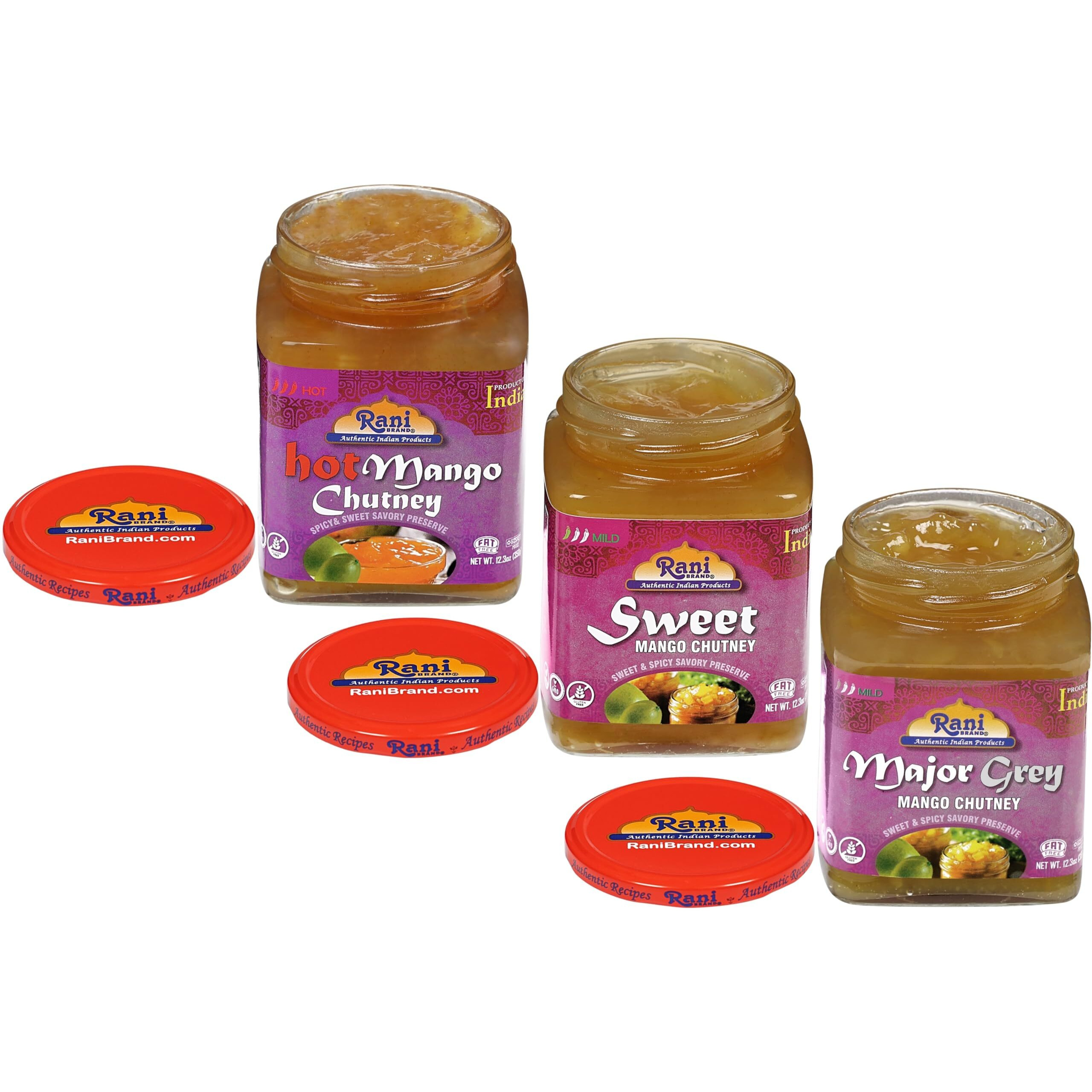 Rani 3-in-1 Mango Chutney (Hot, Sweet, Major Grey) 12.3oz (350g) Glass Jar, Ready to eat, Vegan ~ Gluten Free, All Natural, NON-GMO, Kosher