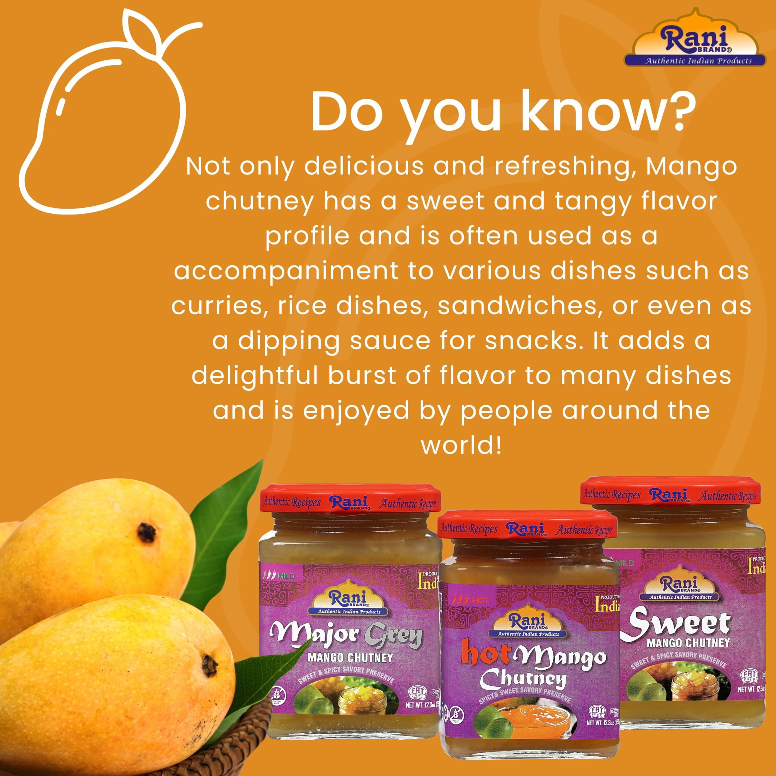 Rani 3-in-1 Mango Chutney (Hot, Sweet, Major Grey) 12.3oz (350g) Glass Jar, Ready to eat, Vegan ~ Gluten Free, All Natural, NON-GMO, Kosher