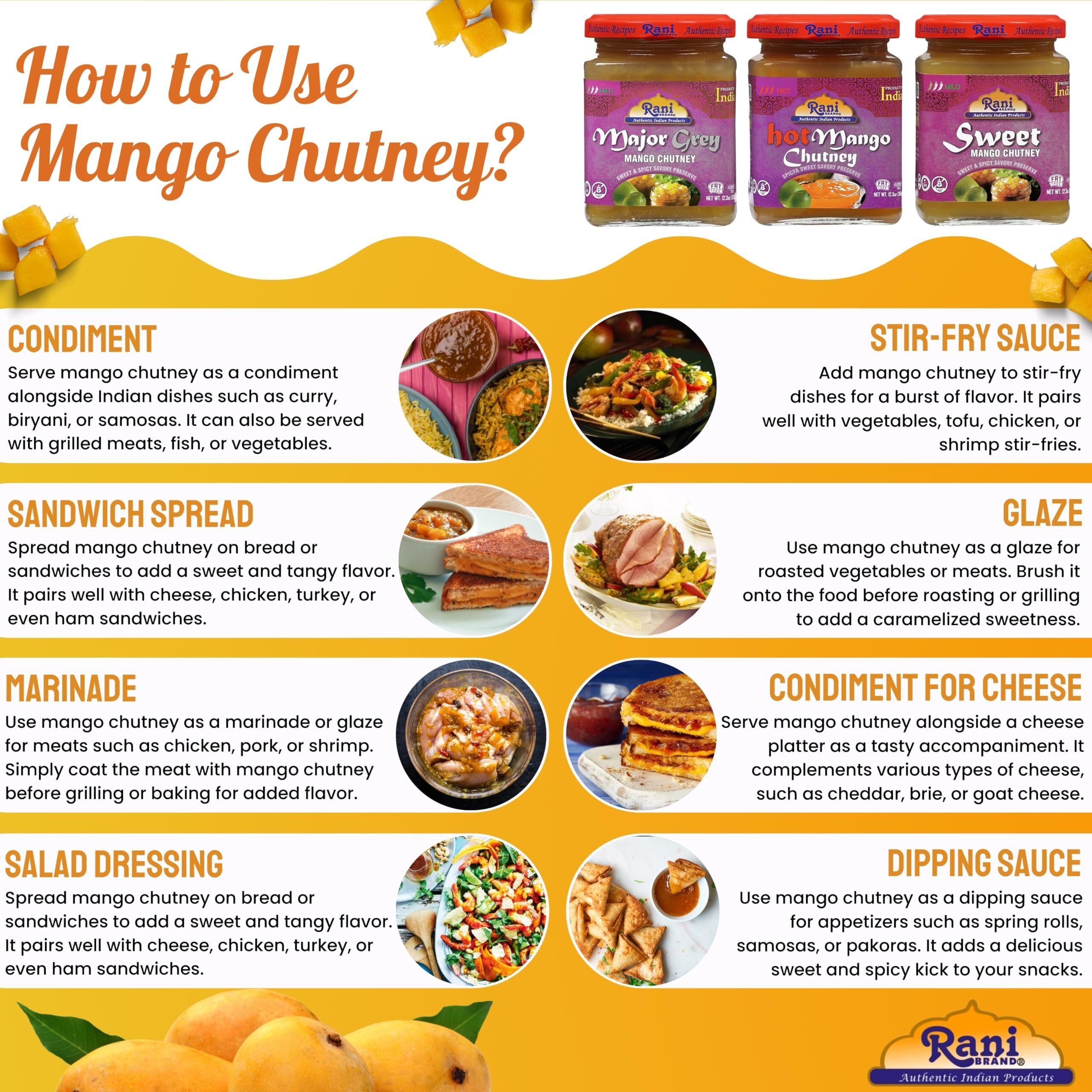 Rani 3-in-1 Mango Chutney (Hot, Sweet, Major Grey) 12.3oz (350g) Glass Jar, Ready to eat, Vegan ~ Gluten Free, All Natural, NON-GMO, Kosher
