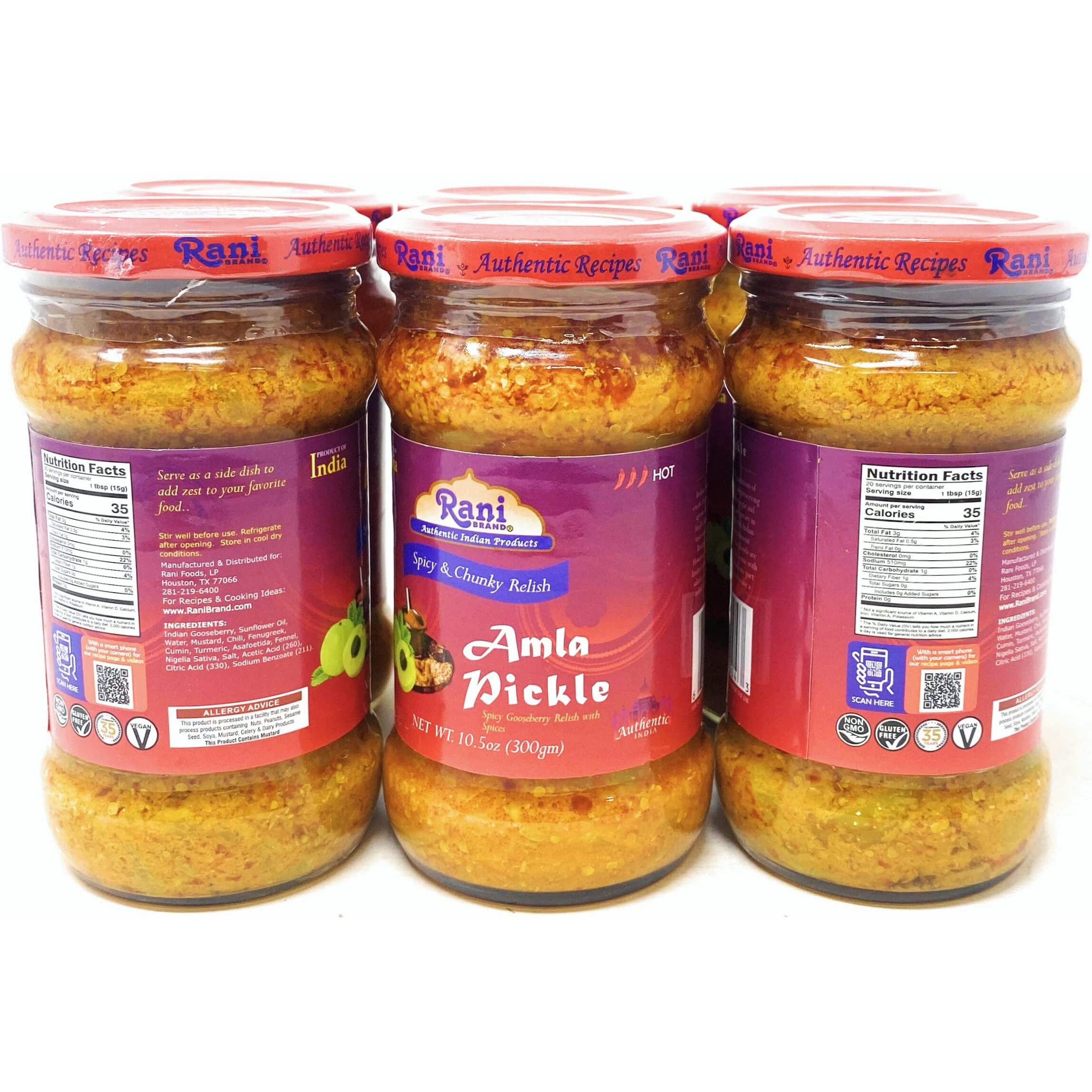 Rani Amla Pickle (Spicy Gooseberry Relish with Spices) 10.5oz (300g) Glass Jar, Pack of 5+1 FREE ~ Vegan, Gluten Free, NON-GMO, No Colors, Popular Indian Condiment, Indian Origin