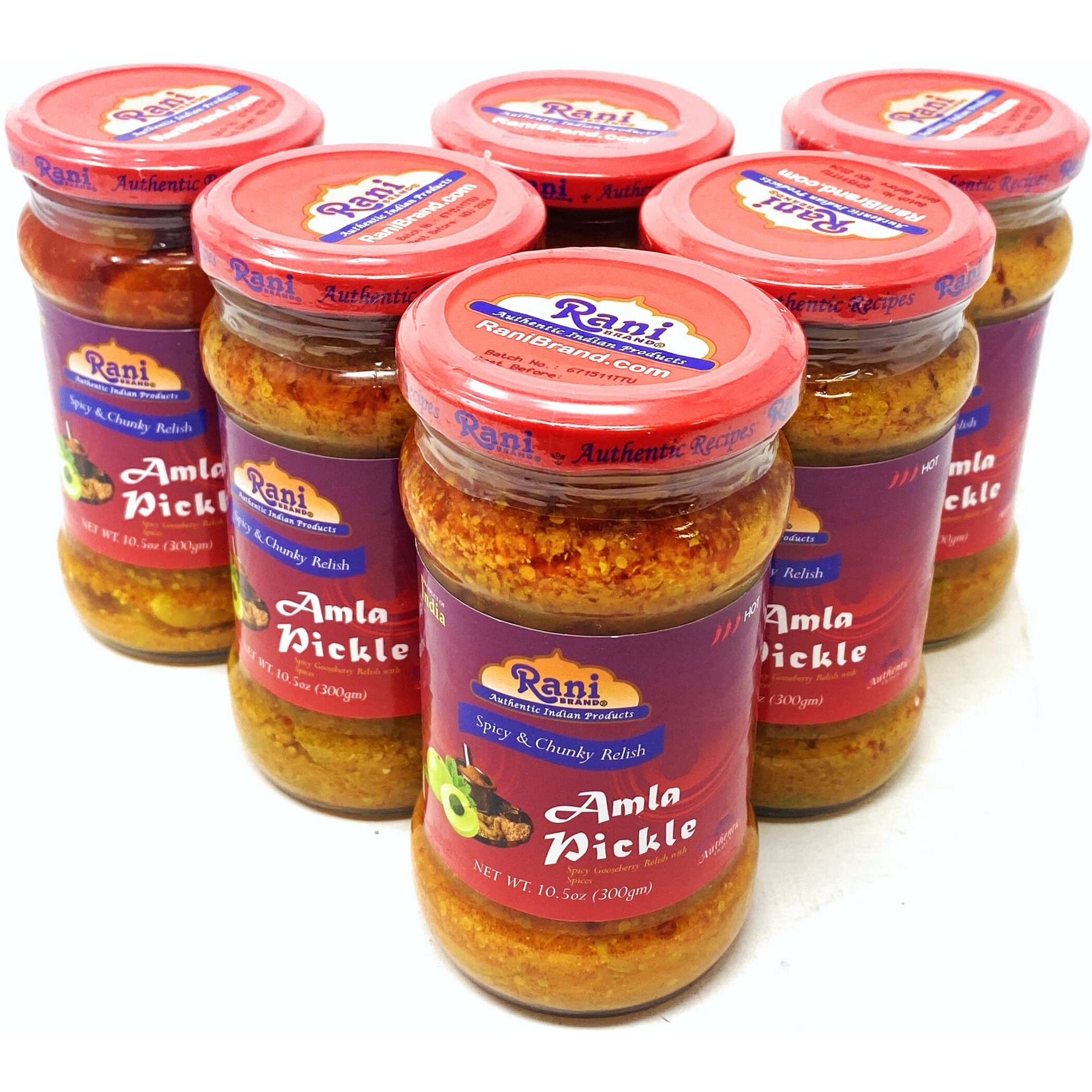Rani Amla Pickle (Spicy Gooseberry Relish with Spices) 10.5oz (300g) Glass Jar, Pack of 5+1 FREE ~ Vegan, Gluten Free, NON-GMO, No Colors, Popular Indian Condiment, Indian Origin