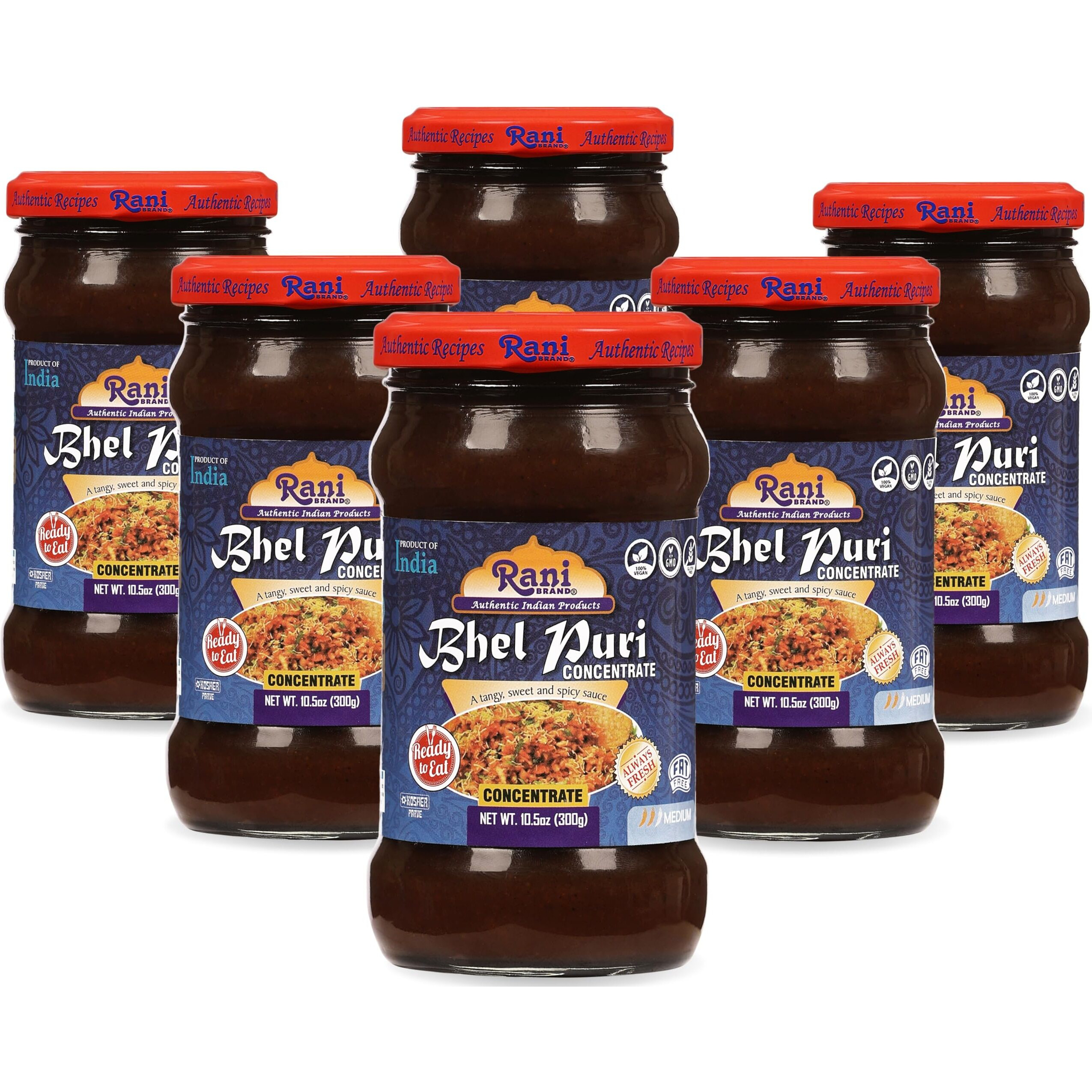 Rani Bhel Puri Concentrate (Sweet & Spicy Sauce) 10.5oz (300g) Glass Jar, Ready to Eat, Pack of 5+1 FREE ~ Vegan, Gluten Free, NON-GMO, Kosher, No Colors, Indian Origin